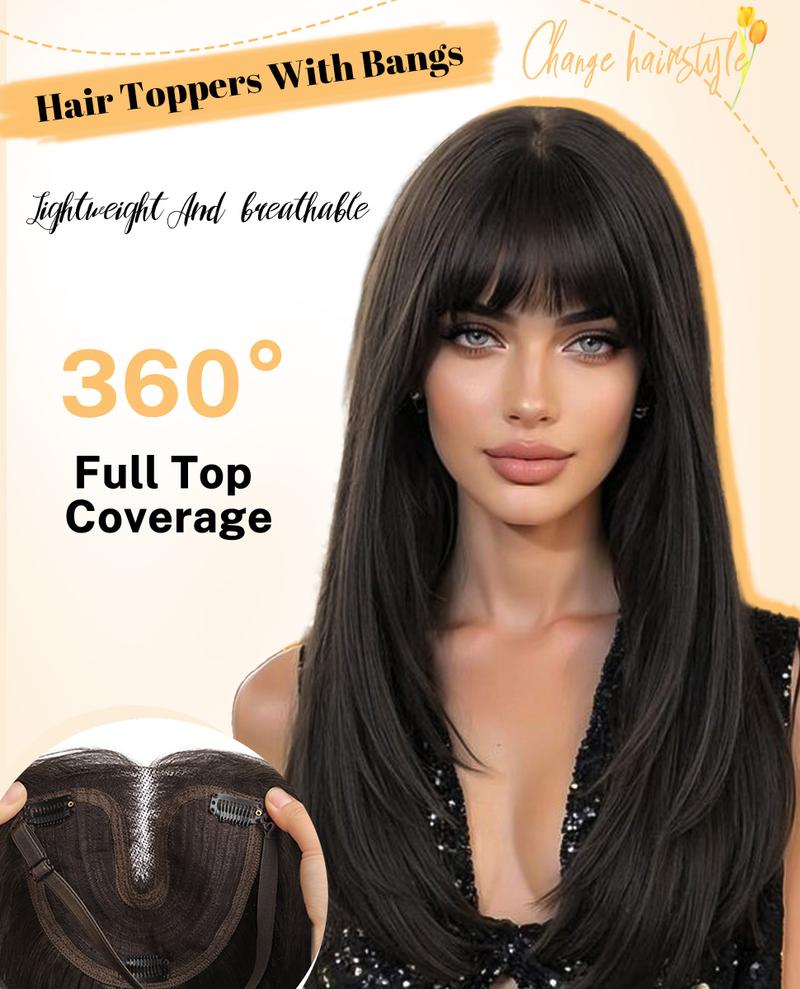 【ORSUNCER HAIR] Dark Brown Hair Toppers for Women with Thinning 3D 360° Cover Clip in Wispy Bangs Upgraded Adjustable Bandage 18 Inch Long Layered