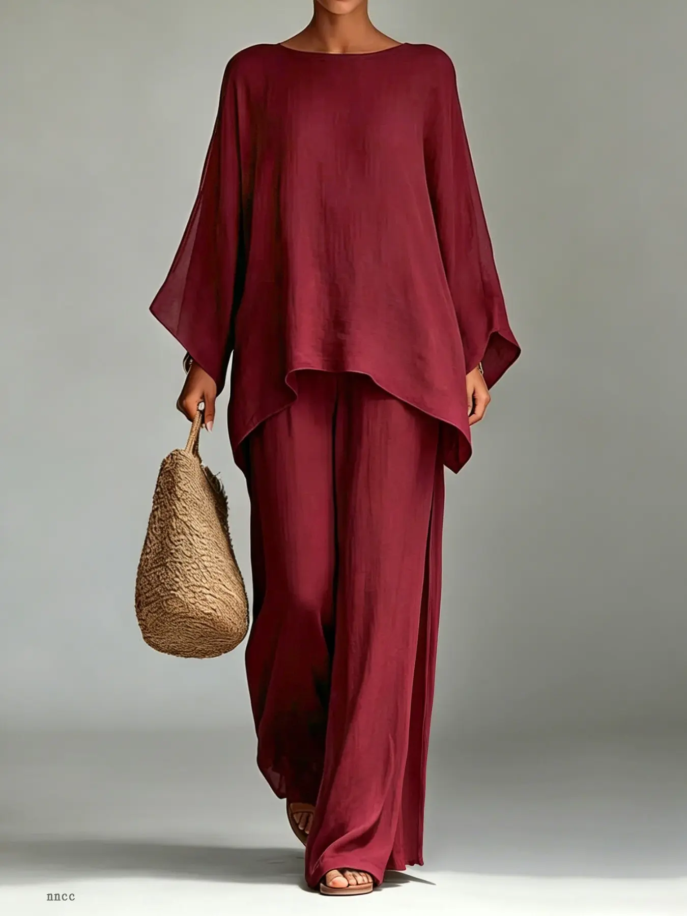 Summer Breathable Pajama Set, Loose Long Sleeve Top and Wide Leg Pants, Boho Style, Unlined, Ideal for Home Wear, Loungewear, Minimalist Design