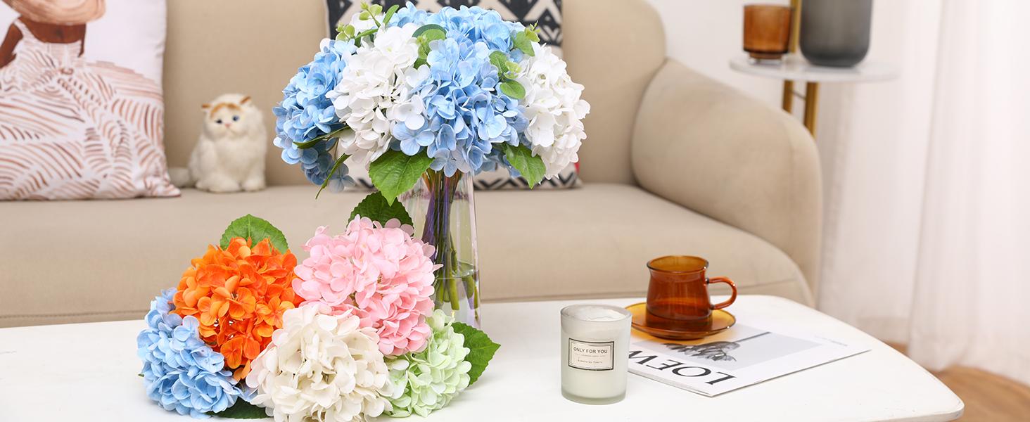 4pcs Fake Hydrangea with Vase -3D Real Faux Hydrangea Flowers and 3pcs Eucalyptus Stems for Wedding Centerpiece Home Table Decoration(White)