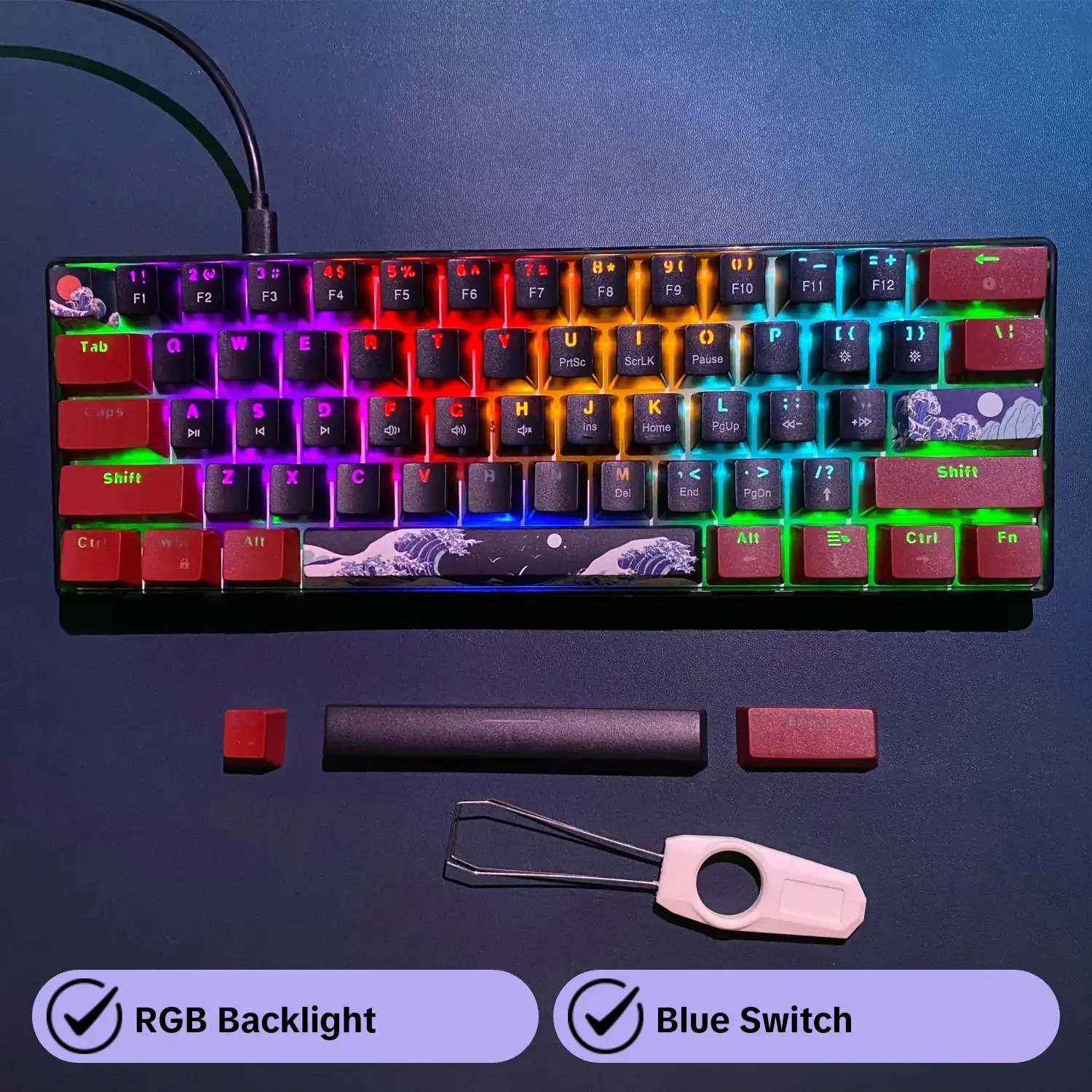 HXSJ V900 61-key Mechanical Wired Gaming Keyboard, RGB Backlight Keyboard with Blue Switch, Durable & Responsive Keyboard for Gaming Enthusiasts