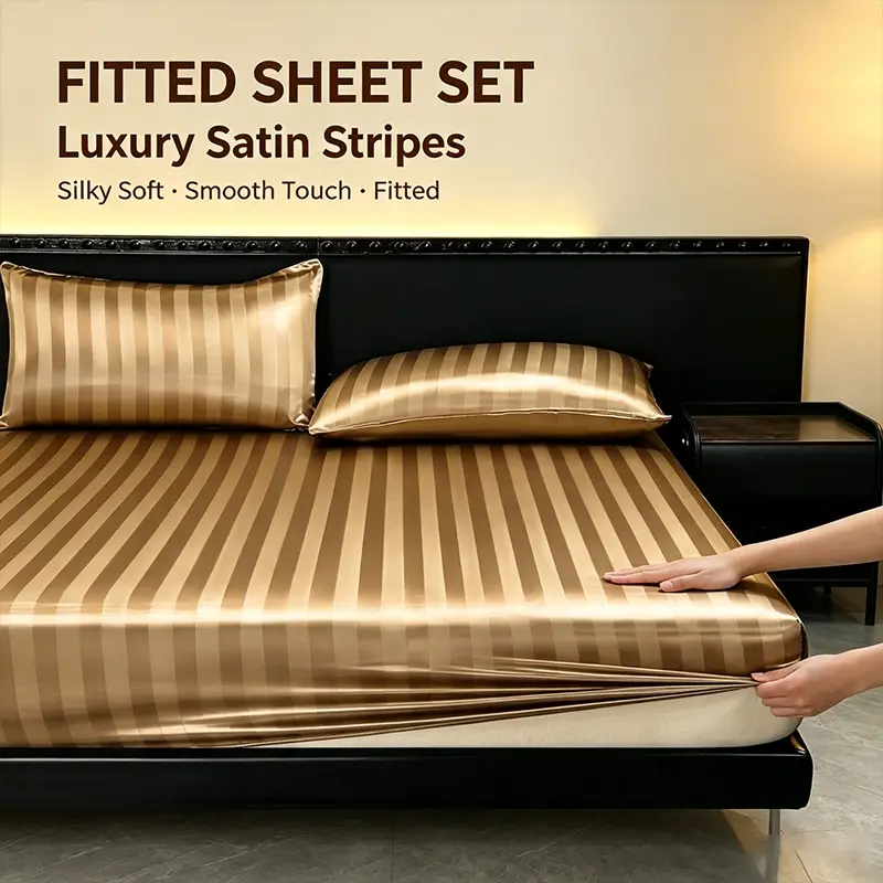 Modern Satin Striped Fitted Sheet Bedding Set, Smooth Skin‑Friendly Bed Linen Set Contain Fitted Sheet & 2 Pillowcases, Nice Bedding Choice for Apartment and Household Rest