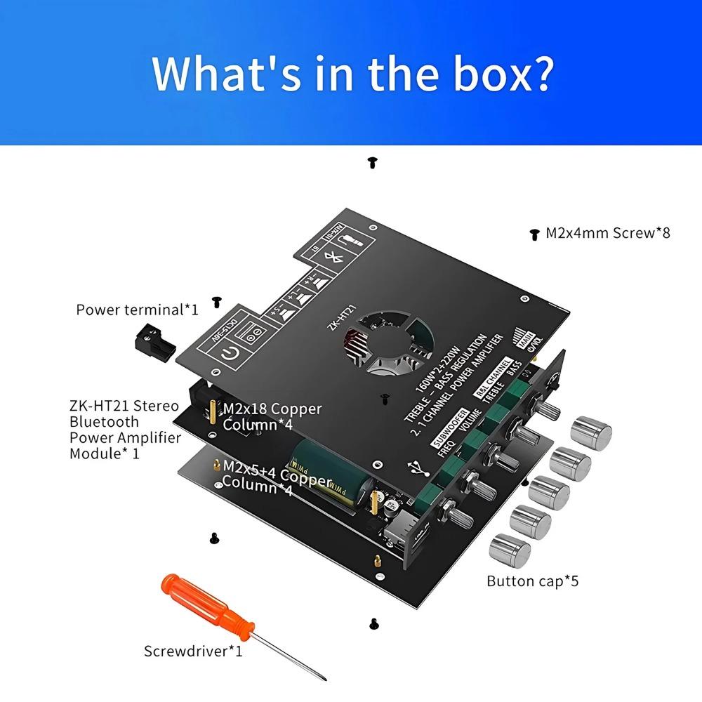 2.1CH 160W+220W Bluetooth 5.0 Audio Amplifier Board with USB/AUX Input, Adjustable Bass Treble Control, 15-36V DC Power for DIY Stereo Upgrade, Supports Subwoofer.