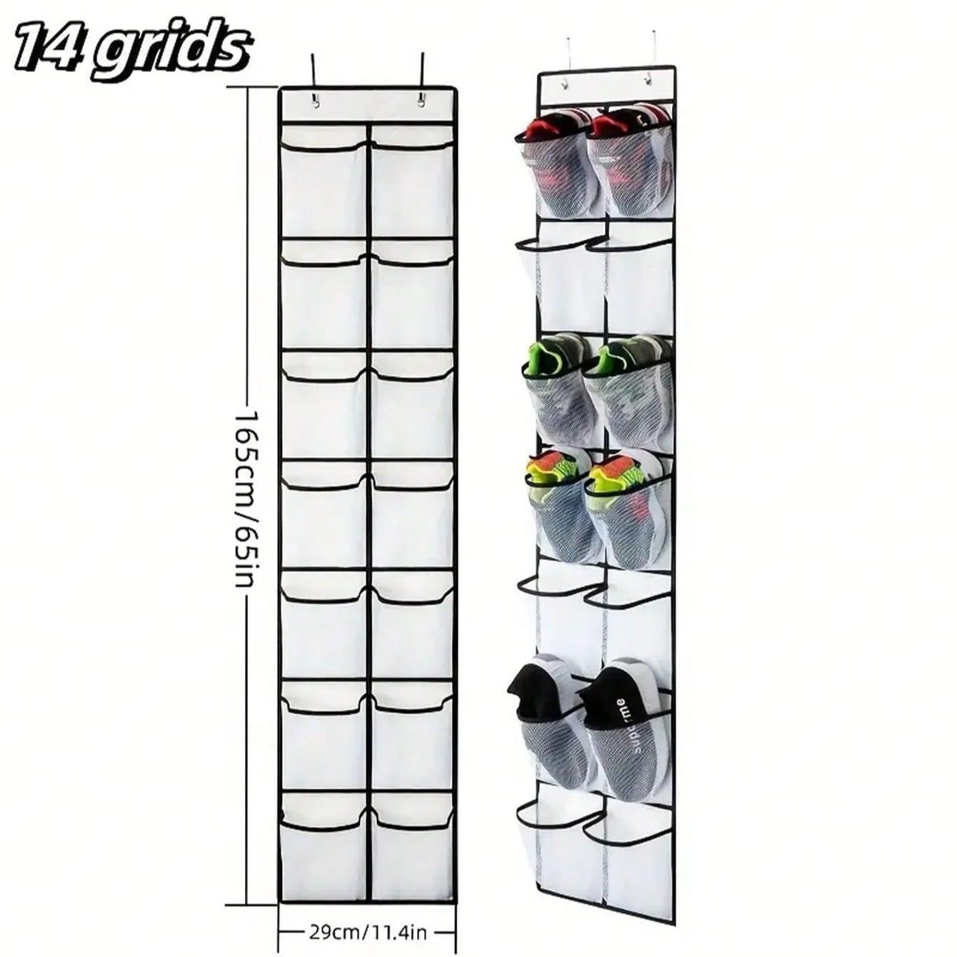 Wall-Mounted Shoe Rack Organizer, 14/24 Grid Storage Shelf with Mesh Pockets, Transparent Hanging Door Box, Home Organization Essentials