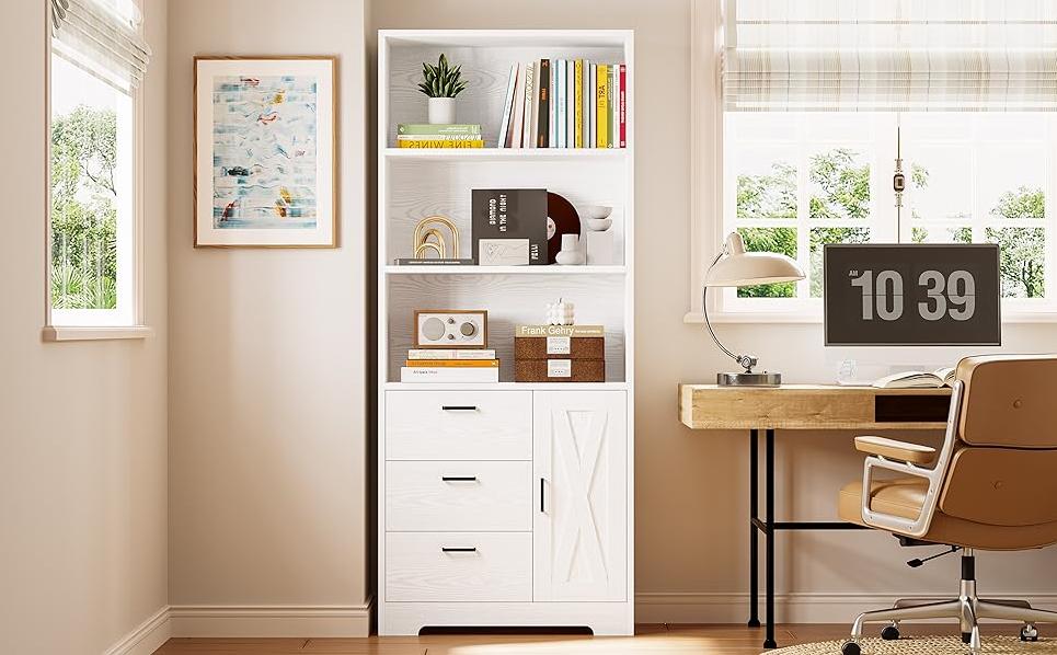 IRONCK Bookshelf with Door and 3 Drawers, 71in Tall Bookcase Shelf with 3-Tier Shelves, for Bedroom Living Room Entrance Hallway Home Office