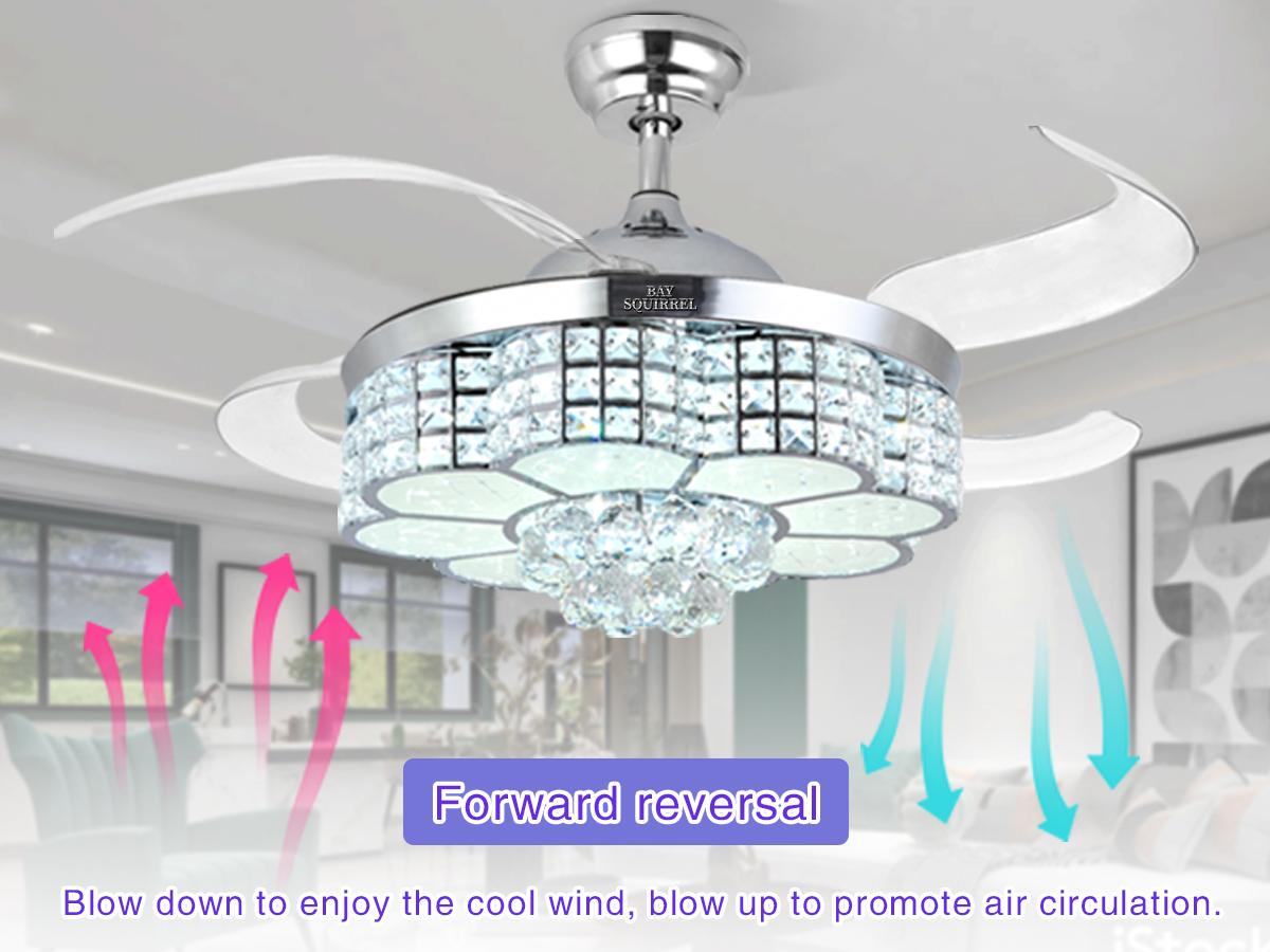 BAYSQUIRREL Retractable Crystal Ceiling Fan with Speaker,Remote/APP Control, 6 Speed Reversible RGB-LED Light,  Atmosphere Lighting Ambient Decoration Lamp, Excellent Gifts Changing Nightlight