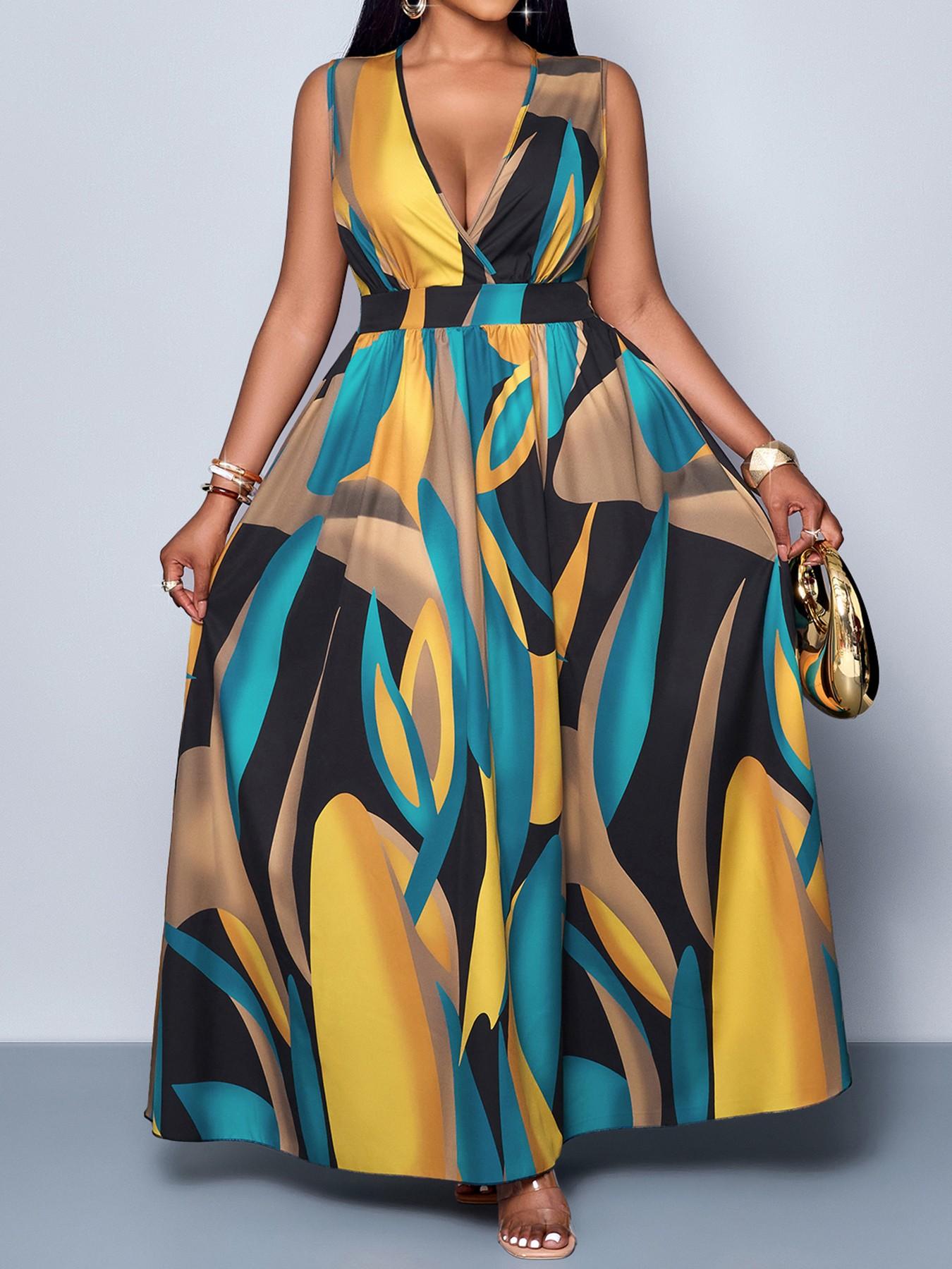 Plus Size Women's Elegant Casual Boho Chic Summer Plant Print V-Neck Sleeveless High Waist A-Line Dress for Leisure, Vacation & Outdoor loose fit fashion forward special occasion oversized