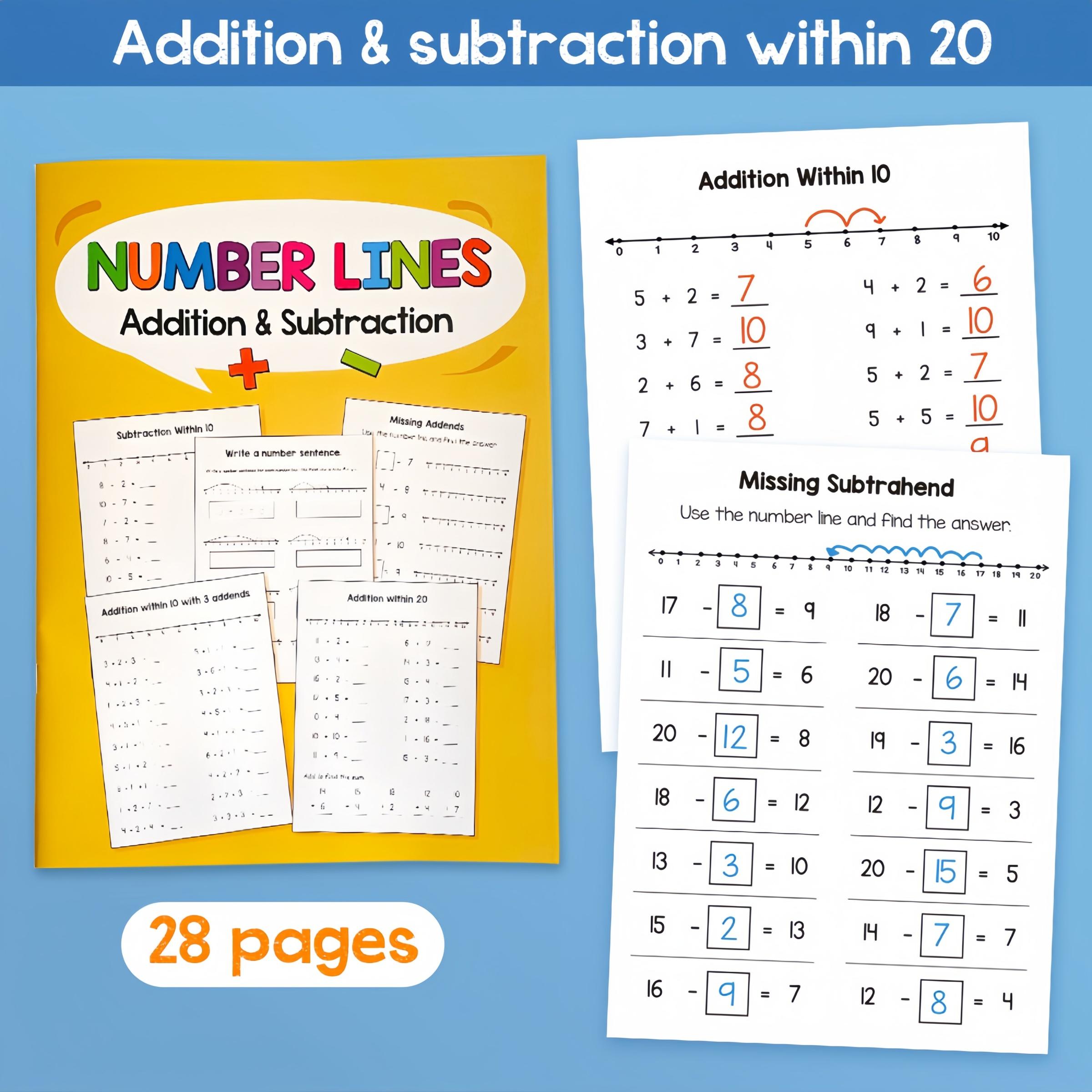 Math Addition and Subtraction Practice Book for Numbers 1-20, Fun Grid and Number Line Exercises, Early Education Learning Tool
