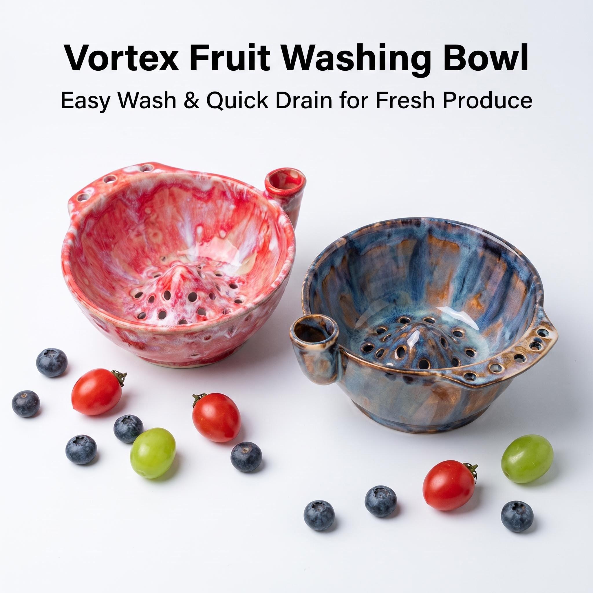 A ceramic berry cleaning bowl with automatic water flow vortex, fruit rinsing and draining bowl, handcrafted-style aesthetic kitchen gift, berry cleaning tool, no more hand-washing fruits, perfect gift item