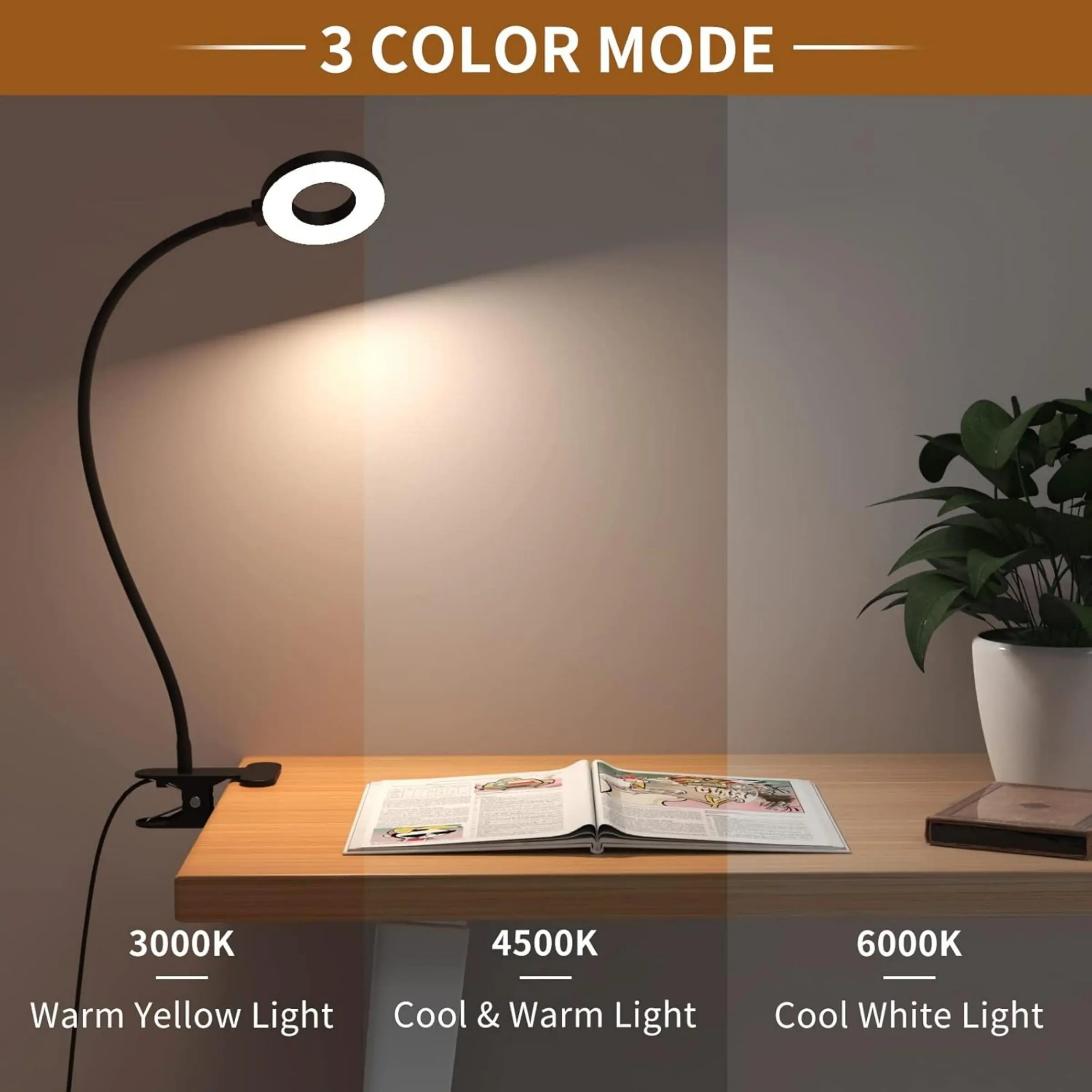 USB Powered Clip On Desk Lamp, 3 Color Dimmable LED Reading Lamp, 360 Degree Rotatable Workbench Lighting, Clamp Table Light, Eye Caring Study Lamp, Ambient Light, Home Office Light, Ideal Holiday Gift