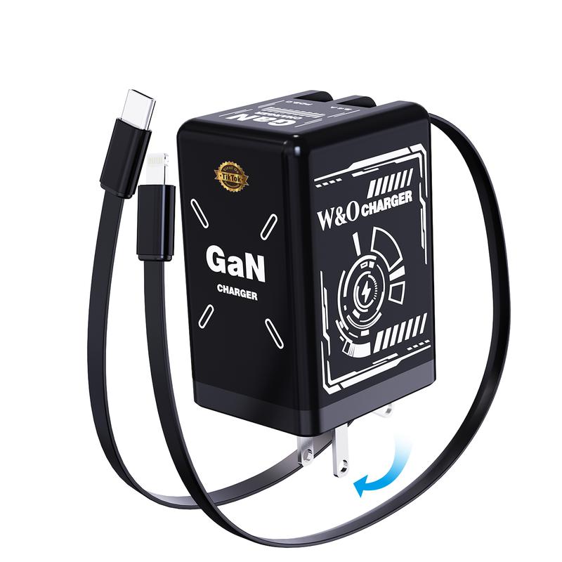 W&O Portable GaN Fast Charger,Compatible with 120W GaN Fast Charging  W/ Retractable 2 Cable (USB-C & Lightning) - Fast Charging for iPhone 15, Samsung, Gaming, Travel & Office - Universal Compact Travel Charger-Father's Day Gifts