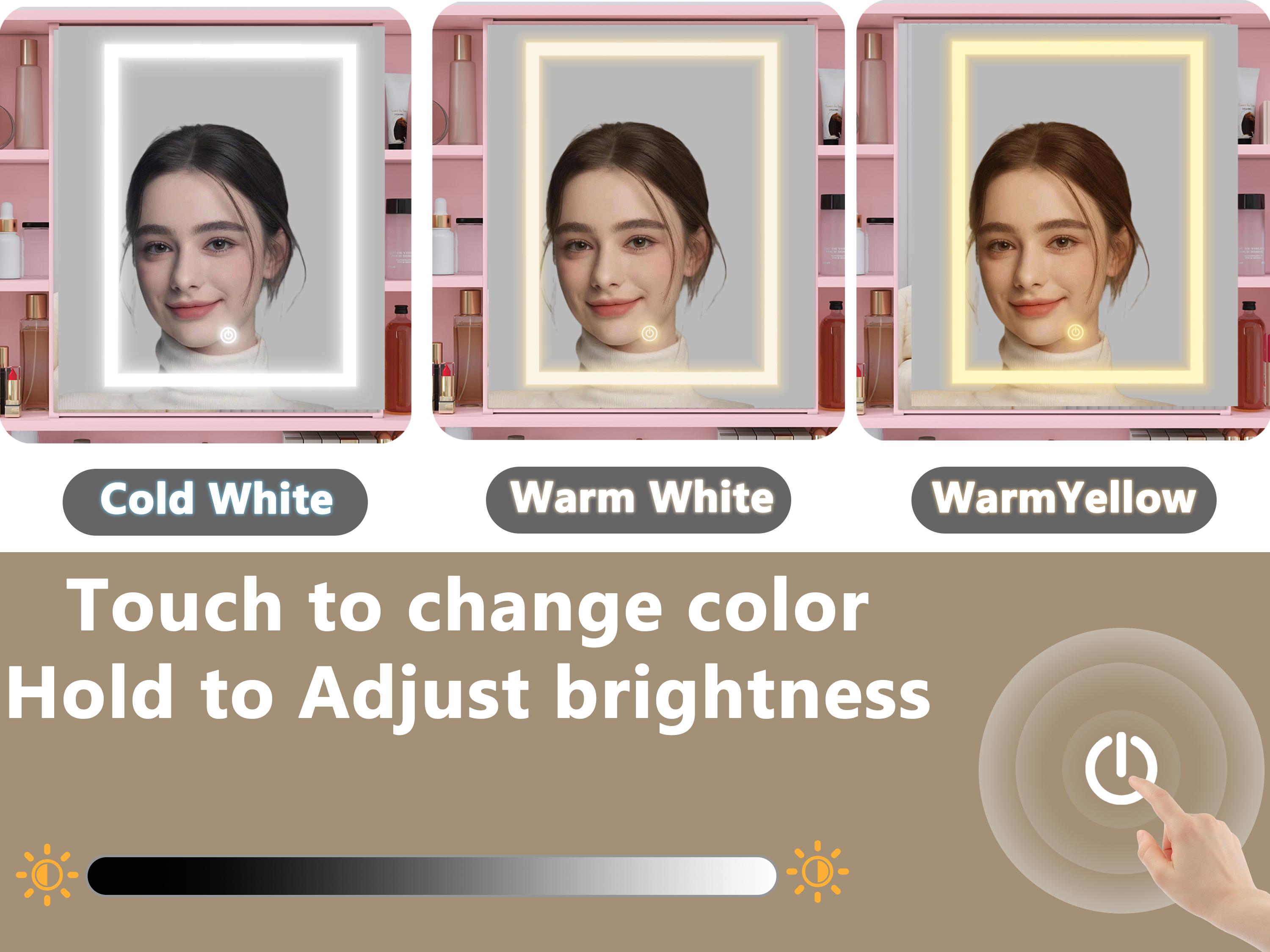 Small Space Vanity,Makeup Vanity Desk with Mirror and Lights,  LED Lights & Power Outlet, 3 Drawers & 2 Cabinets, 8 Storage Shelves, Adjustable Lighting，Dressers for bedroomVanity mirror