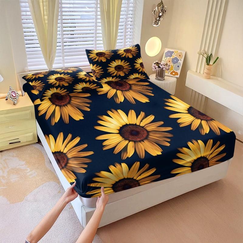 3Pcs Vibrant Sunflower Pattern Fitted Sheet Set, Modern Floral Digital Print Bedding Set, Soft and Cozy Microfiber Bedspreads, Ideal for Brightening Up Your Bedroom and Creating a Contemporary Ambiance, Includes 2 Pillowcases, No Pillow Core