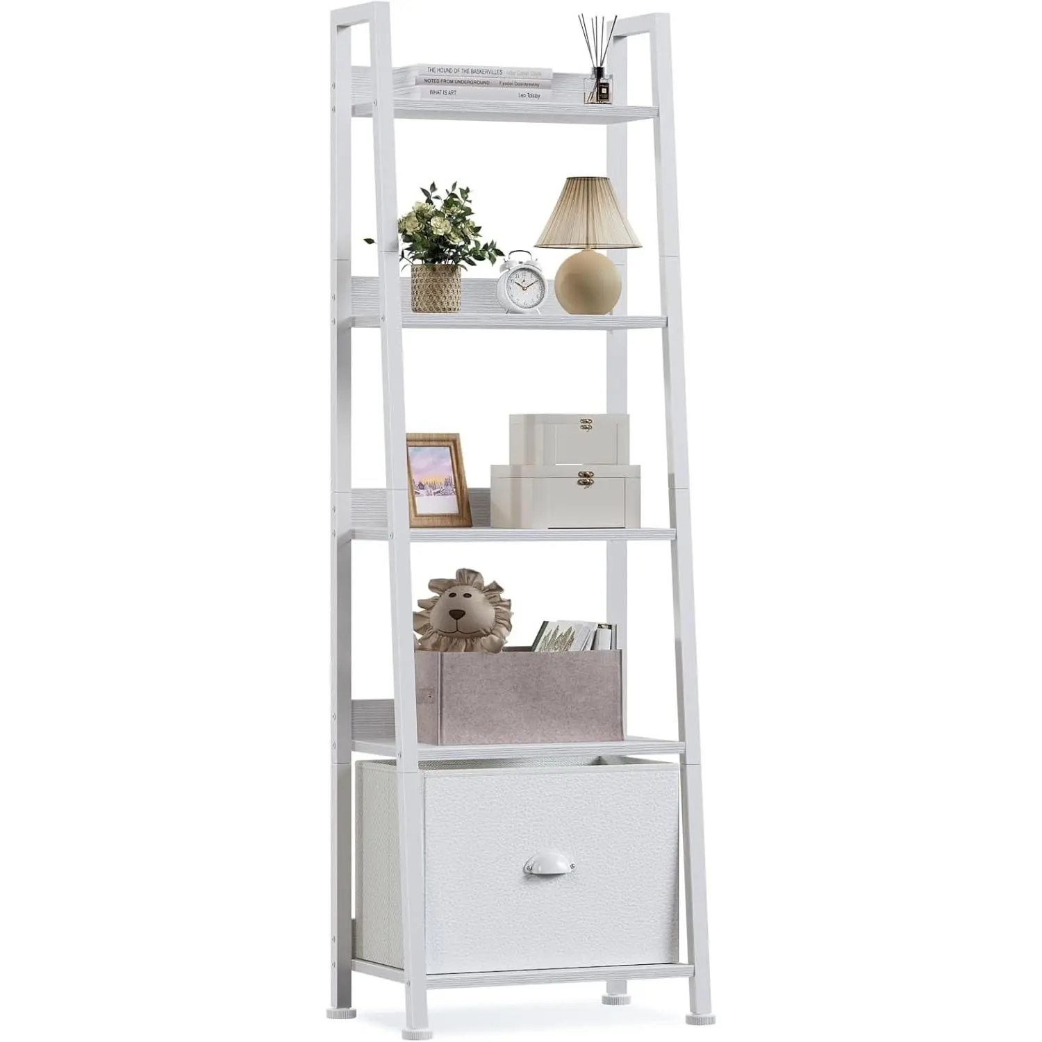 5-Tier White Ladder Shelf, Ladder Bookshelf with Removable Drawer, Mordern Bookcase Storage Rack Organizer, Wood Metal Freestanding Storage Shelves for Living Room, Home Office, Bedroom