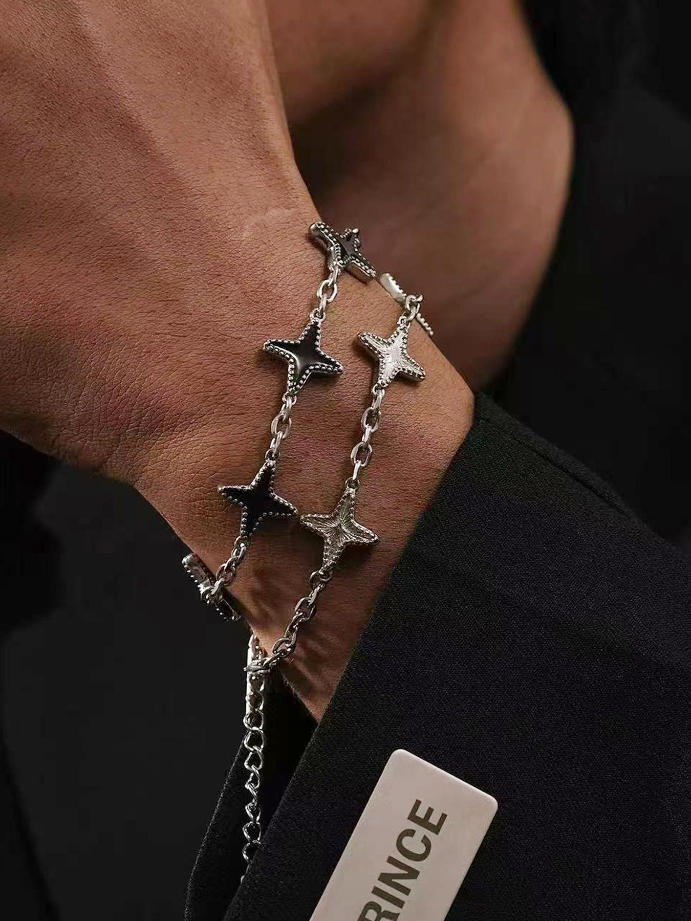 Four-pointed star bracelet, a niche design for men and women, made of titanium steel, featuring a light luxury and high-end feel, suitable for stacking, #Couple's Style# Jewelry/Stainless Steel/Fade-resistant/Allergy-proof/Festivals/Parties/Ideal Gift