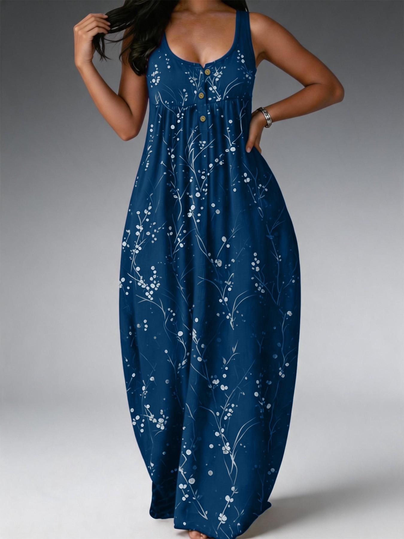 Elegant Plus Size Women's Dress, Loose-Fit Floral Branch Print, Fashionable Chic Sleeveless Long Dress