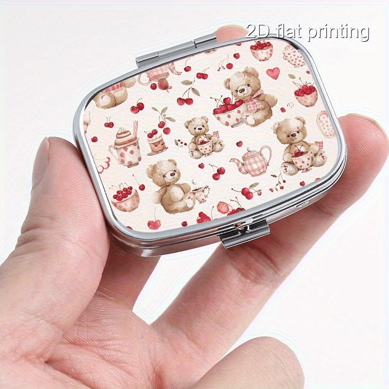 Cherry Bear Pattern Portable Pill Box, 2 Compartment Travel & Outdoor Metal Case, Moisture-Proof Sealed, Ideal for Vitamins Jewelry Earrings
