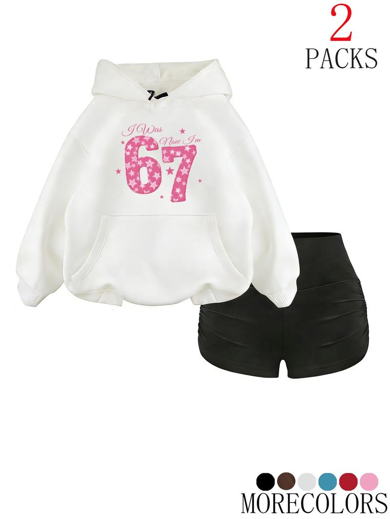 Cool Hoodie Set with High-Waisted Ruched Shorts, Loose Fit, Soft Fabric, Perfect for Fall & Winter, School & Club Wear