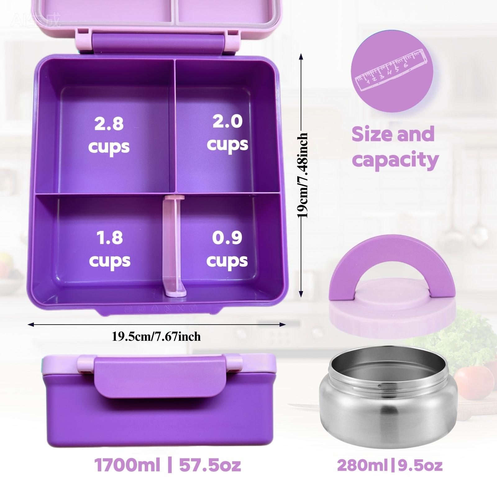 Bento Lunch Box Set for Kids🍗🥦🍓🍰🍲 with 9.5 oz Soup Thermo, Leak-Proof Lunch Containers with 4 Compartment, Kids Thermo Hot Food Jar ，BPA Free ， Utensils for Girl Boy School, Microwave Dishwasher Safe