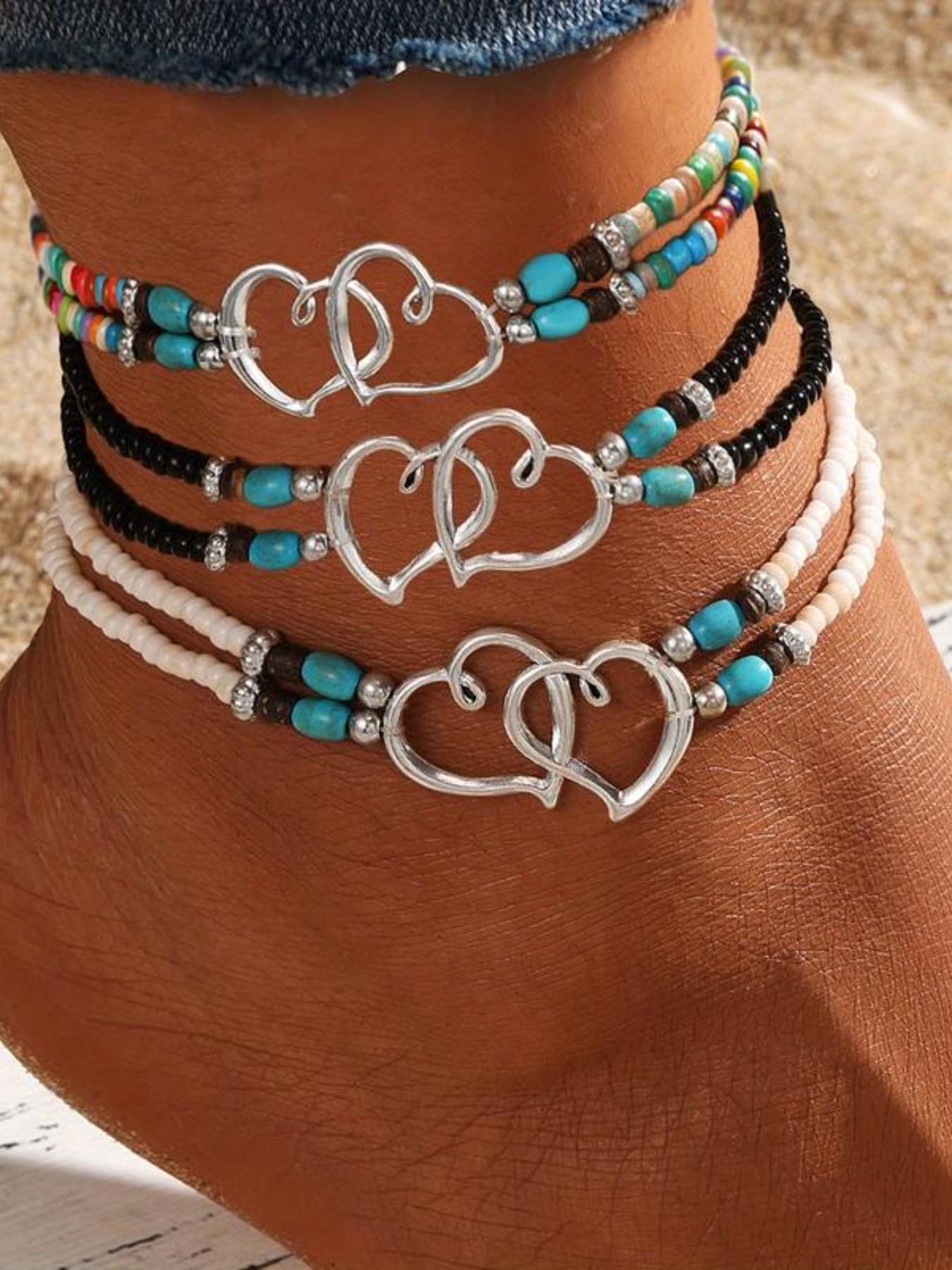 3Pcs Set Fashion Women Bohemia Beaded Heart Charms Multi-layer Anklet, Exquisite Boho Chic Double-Layer Beaded Heart Anklet, Perfect for Summer Vacation, Beach Wedding, Party Jewelry Gift