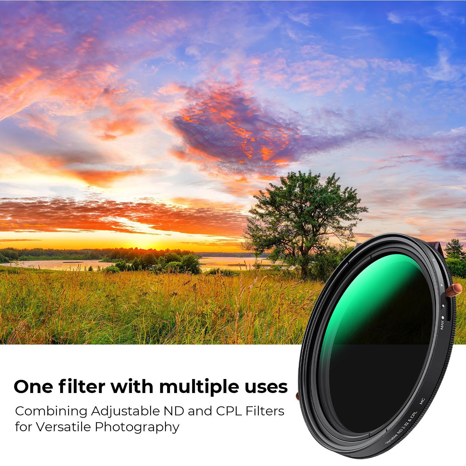【K&F CONCEPT】 ND2-32 Variable Fader ND Filter and CPL Circular Polarizing Lens Filter in 1 for Camera Lens Waterproof Neutral Density Polarizer Filter (Nano-D Series)