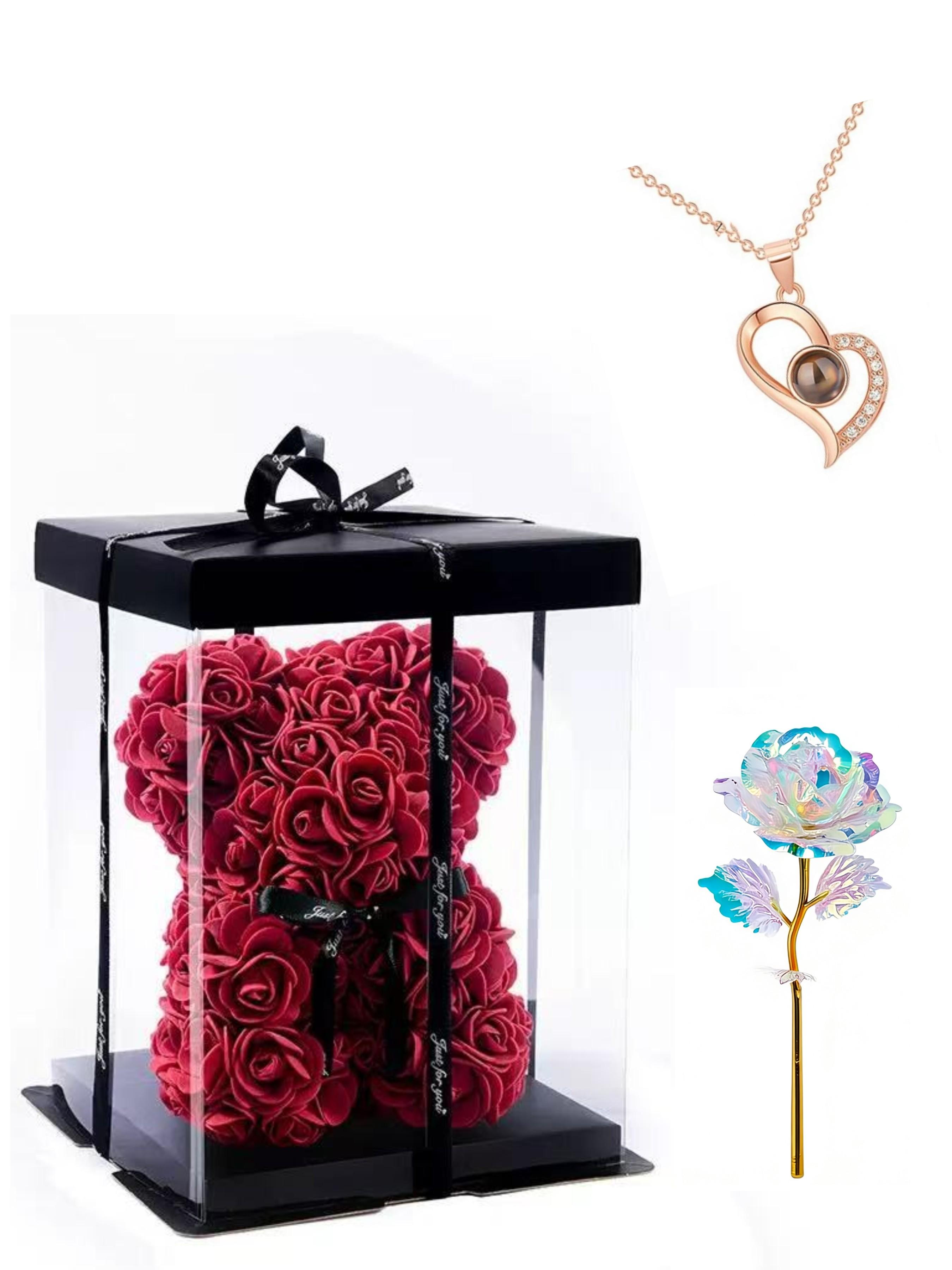 100 Languages Necklace, Gold Foil Flower, Preserved Rose Bear, Mother's Day, Valentine's Day, Qixi Festival Gift, Foam Flower Bear