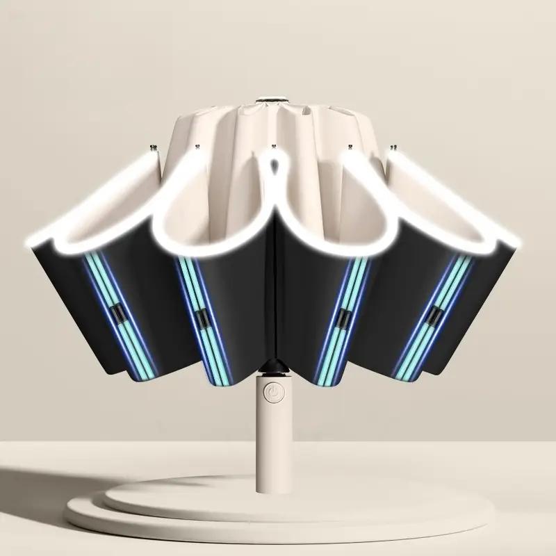 Double 10 Bone Reverse Automatic Umbrella, Reflective Strip Safety Folding Umbrella, Sun Rain Two-Use Anti-Bounce Shade Umbrella, Lightweight Foldable Umbrella, Portable Folding Umbrella, Sunshade Umbrella