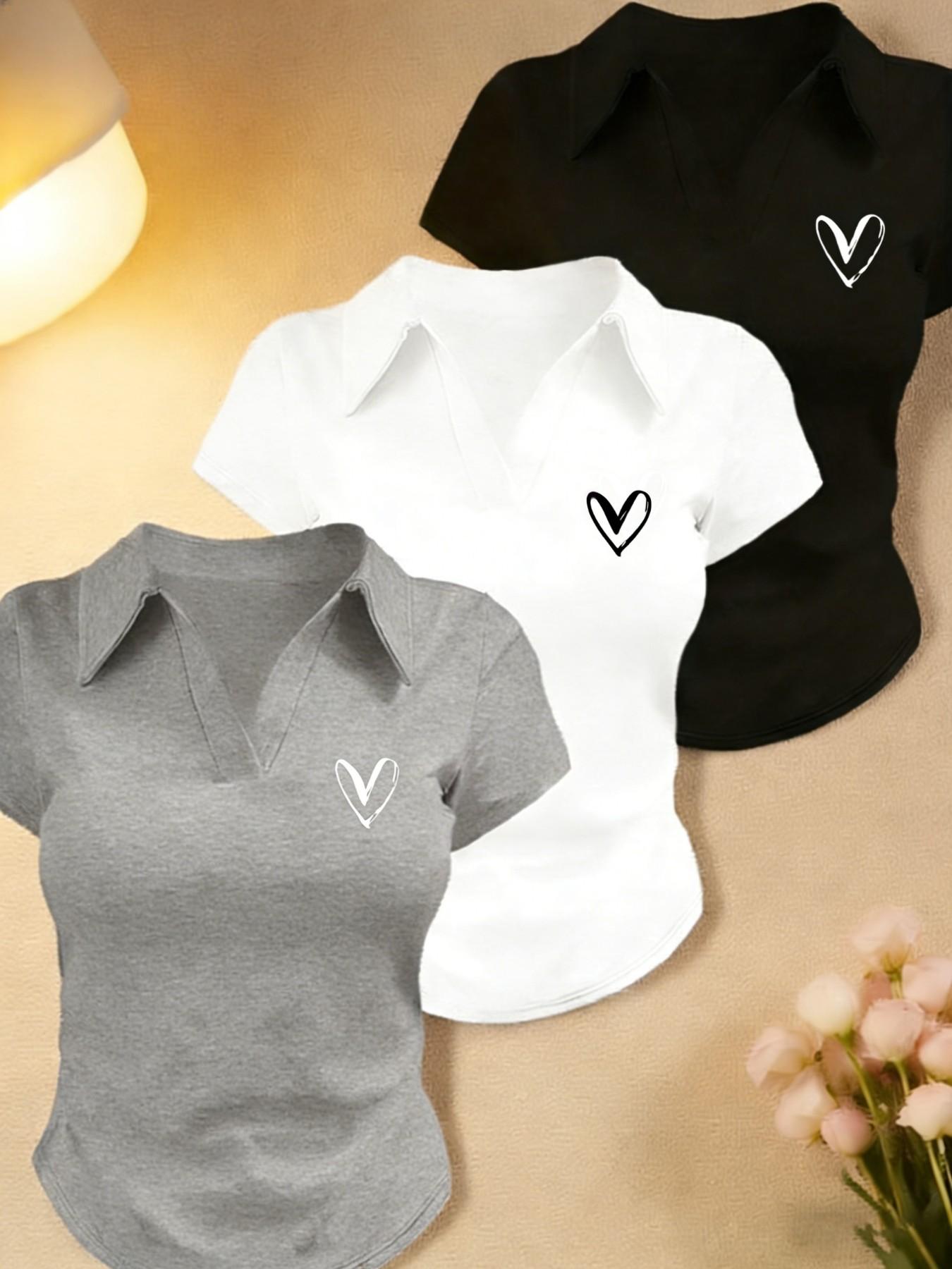 Women's 3 Pack Heart Graphic Polo Shirts, Short Sleeve V Neck Slim Fit Crop Tops, Soft Stretchy Y2K Aesthetic Tees, Casual Going Out Daily Wear for Teens, Juniors & Young Adults Women's 3 Pack Heart Graphic Polo Shirts, Short Sleeve V Neck Slim Fit Crop Tops, Soft Stretchy Y2K Aesthetic Tees, Casual Going Out Daily Wear for Teens, Juniors & Young Adults