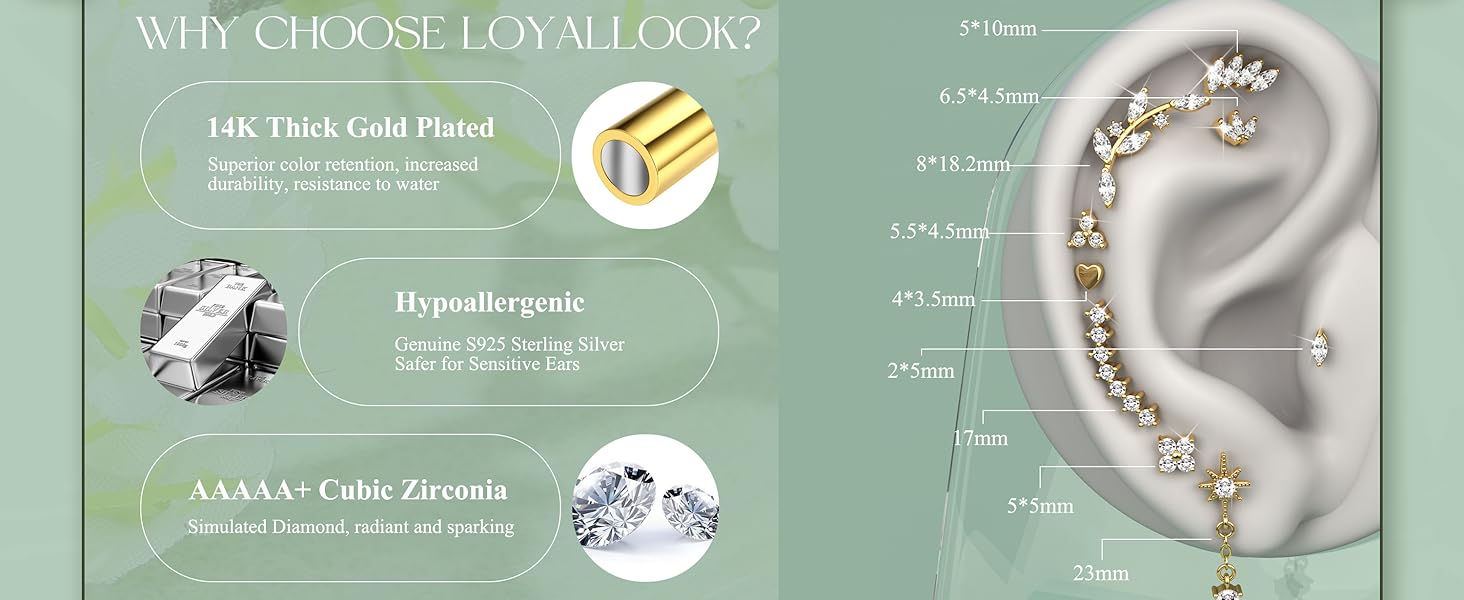 925 Sterling Silver Flat Back Stud Earrings for Women, Hypoallergenic 14k, Small Cz Helix Conch Tragus Piercing Jewelry 20g