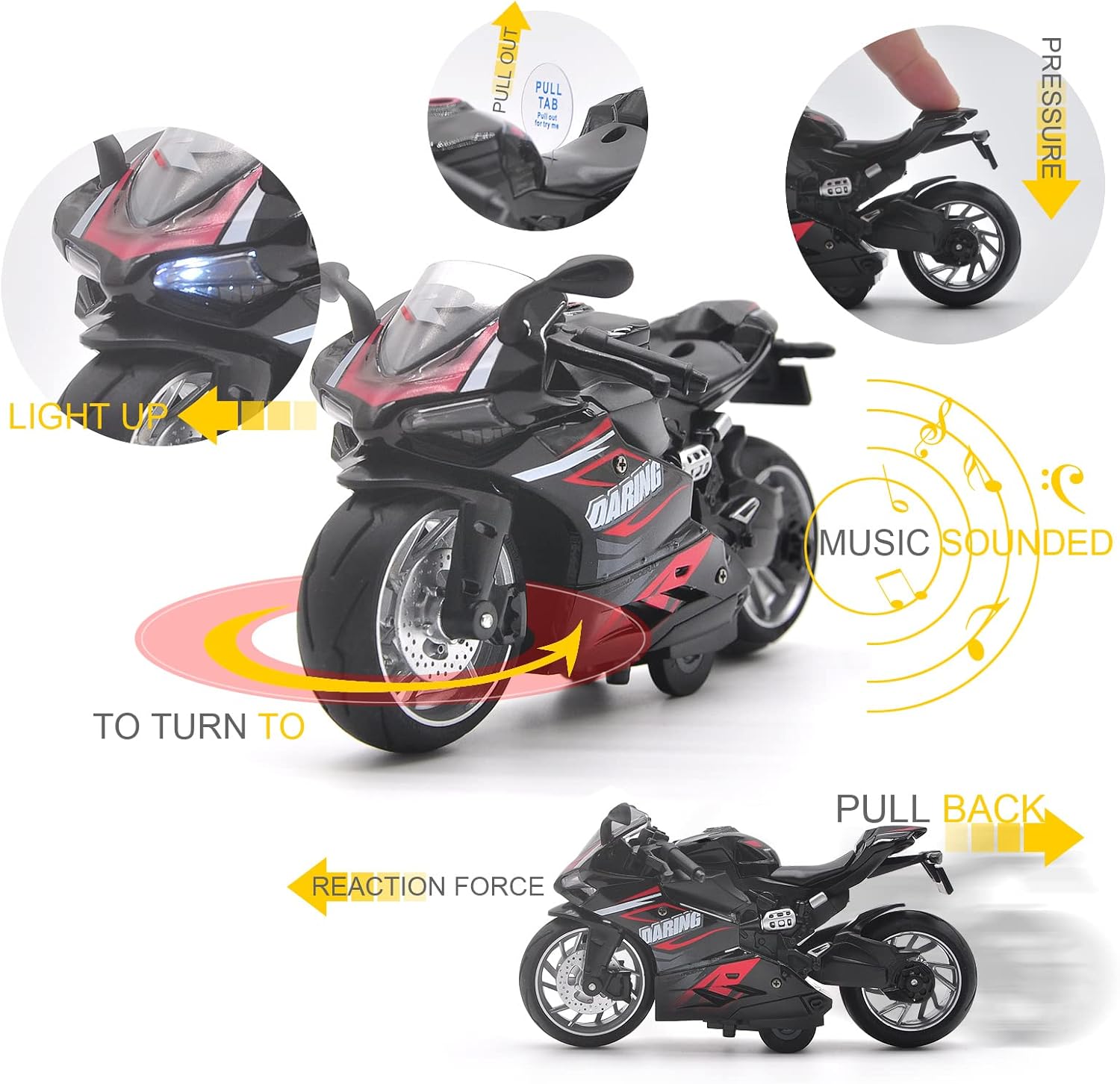 Premium 1:12 Scale Black Pull Back Motorcycle Toy with Sounds and Lights Ideal Gift