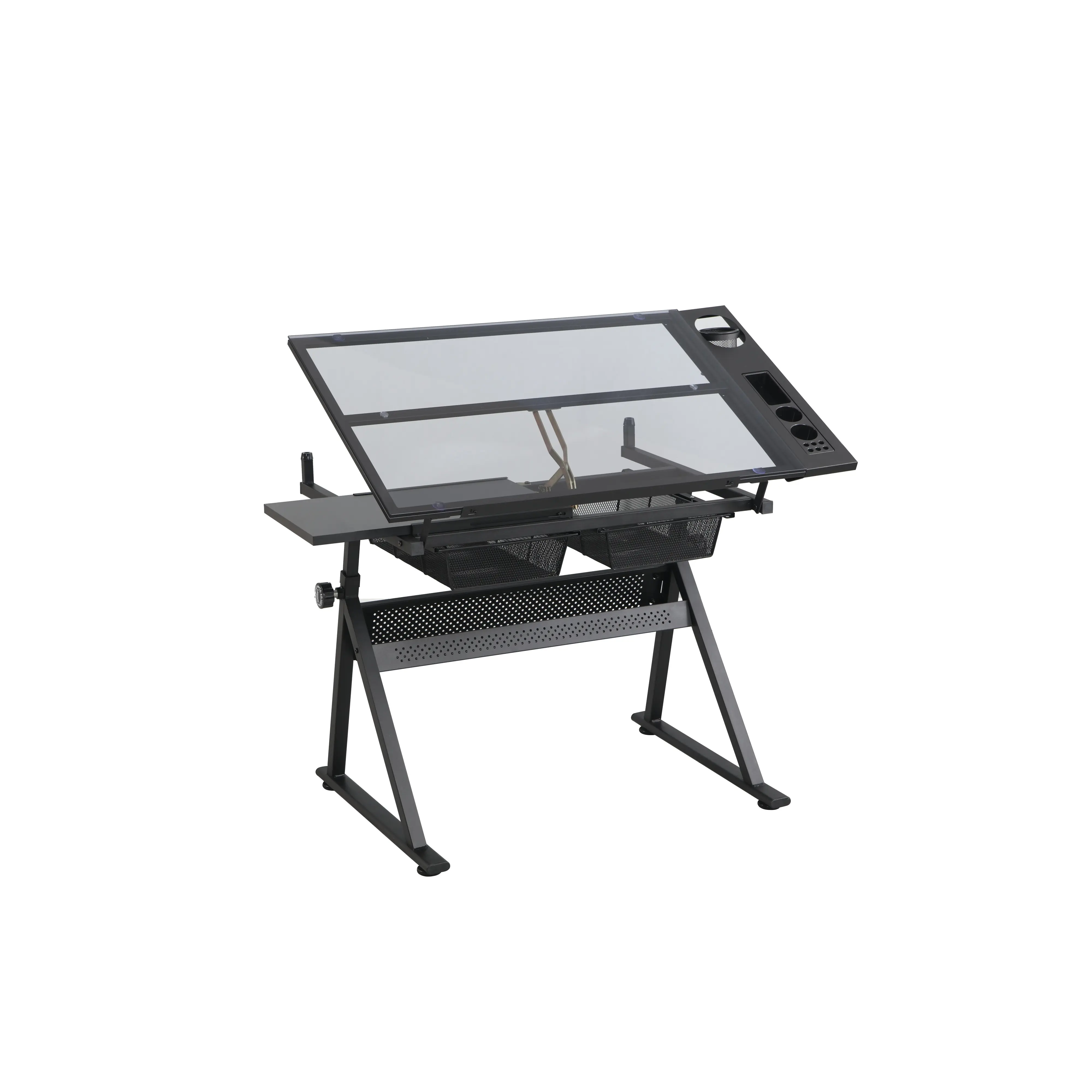 Adjustable Glass Top Drafting Table with Storage, Height Adjustable Artist Desk for Painting, Crafting, Sewing, and Drawing, Black