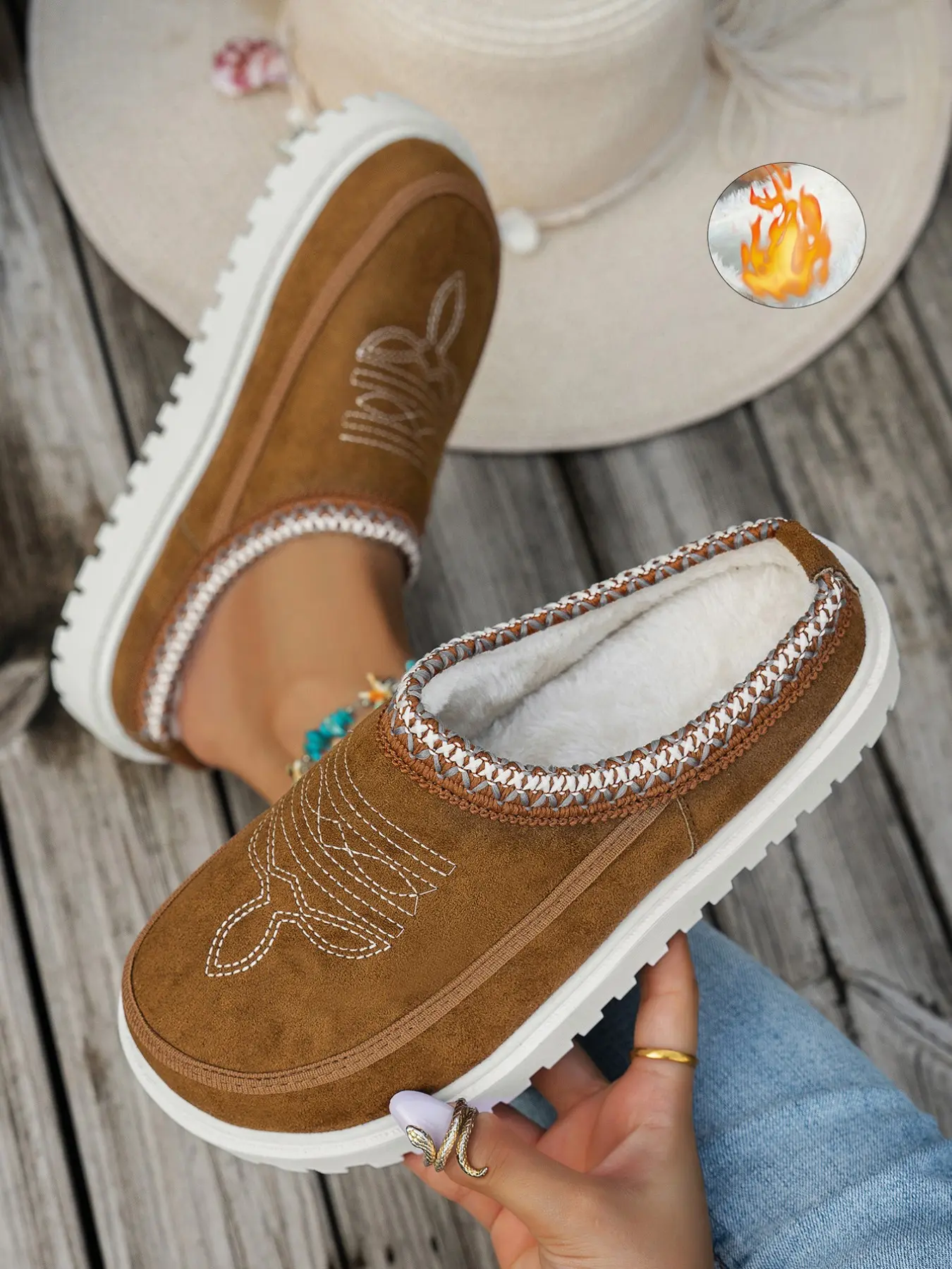 2026 Women's New Style, Brown, Black Embroidered Warm Mules, Thick Soled Mules, Large Sizes Comfortable Lazy Half Slides, No Heel with Fleece Lining for Autumn/Winter, Thick Sole Anti-Slip, Suitable for Both Outdoor Wear and Home Use