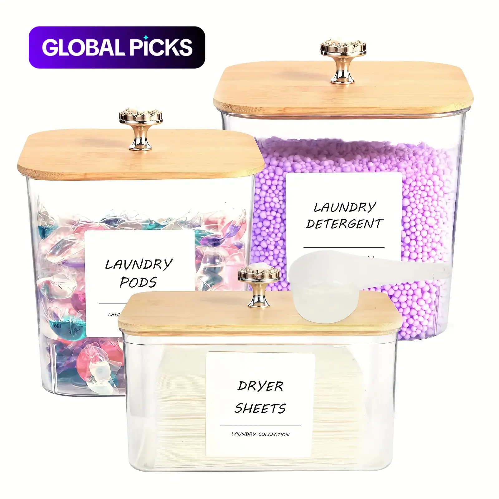 Laundry Room Storage Container Set, Including 3 Clear Laundry Pods Containers, 2 Spoons, Labels & Sheets, Home Organizer for Bathroom, Durable Plastic Organizers, Plastic Canister, Plastic Containers, Transparent Container #GLOBAL PICKS