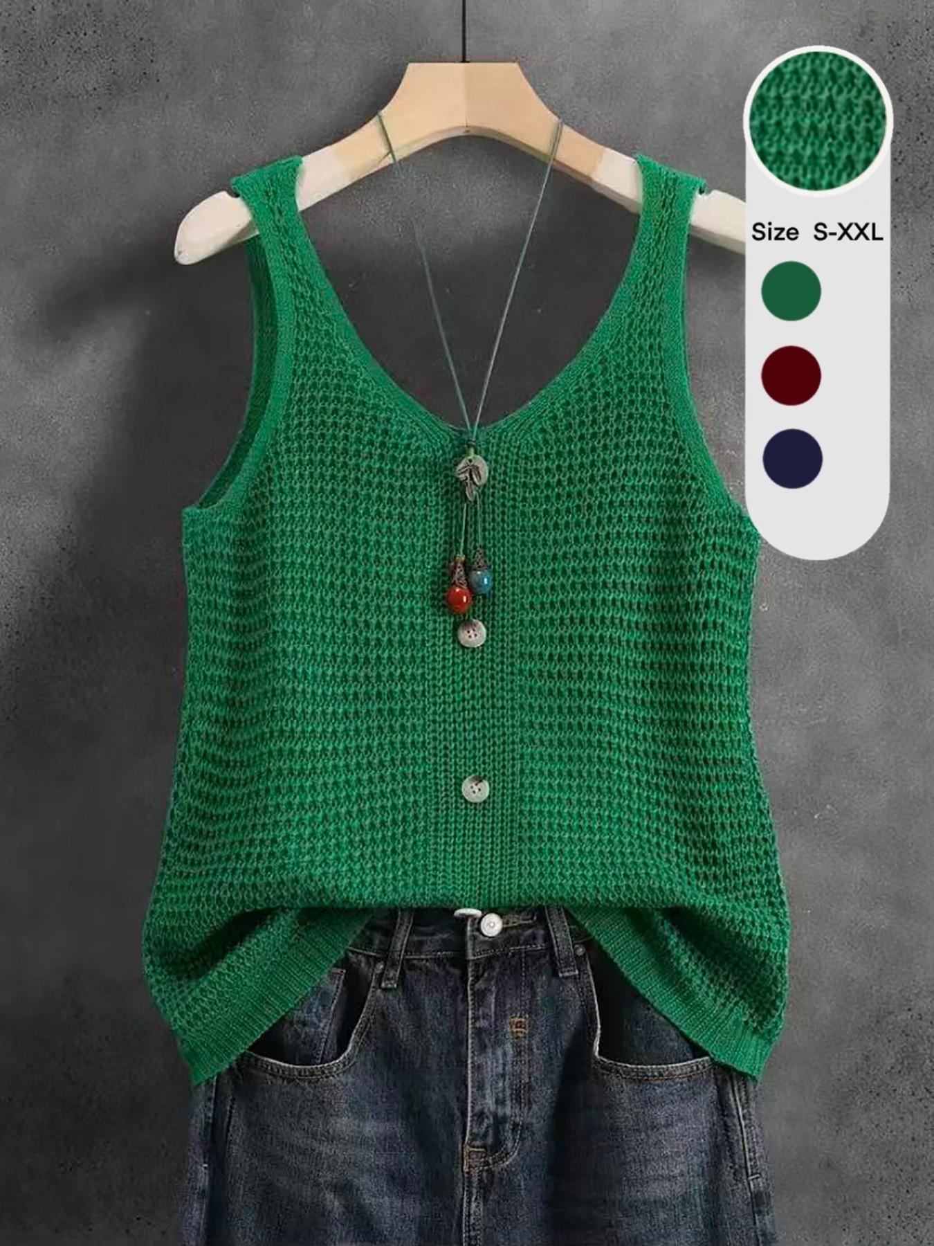 Women's Sleeveless V-Neck Knit Top, Summer Outerwear, Slimming Comfortable Loose Fit, Elegant Casual Design, Breathable Mesh Vest