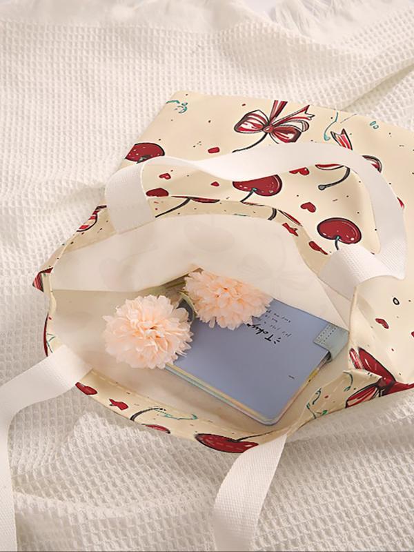 Cherry Bowknot Pattern Casual Storage Bag, Cherry Print, Night Scene, Fashionable and Trendy, Suitable for Daily Shopping, Office, Various Occasions