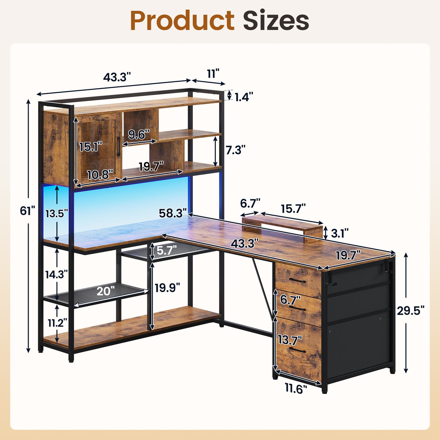 SEDETA 58-Inch L-Shaped Computer Desk with Storage, LED L-Shaped Gaming Desk with Storagefor Home Office Furniture Gaming