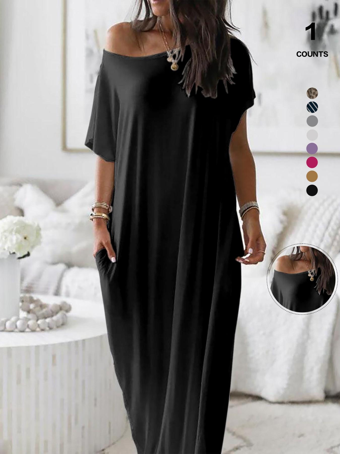 Women's Solid Color Batwing Sleeve Lounge Dress, Casual Comfy Short Sleeve Nightdress, Ladies Sleepwear for All Seasons