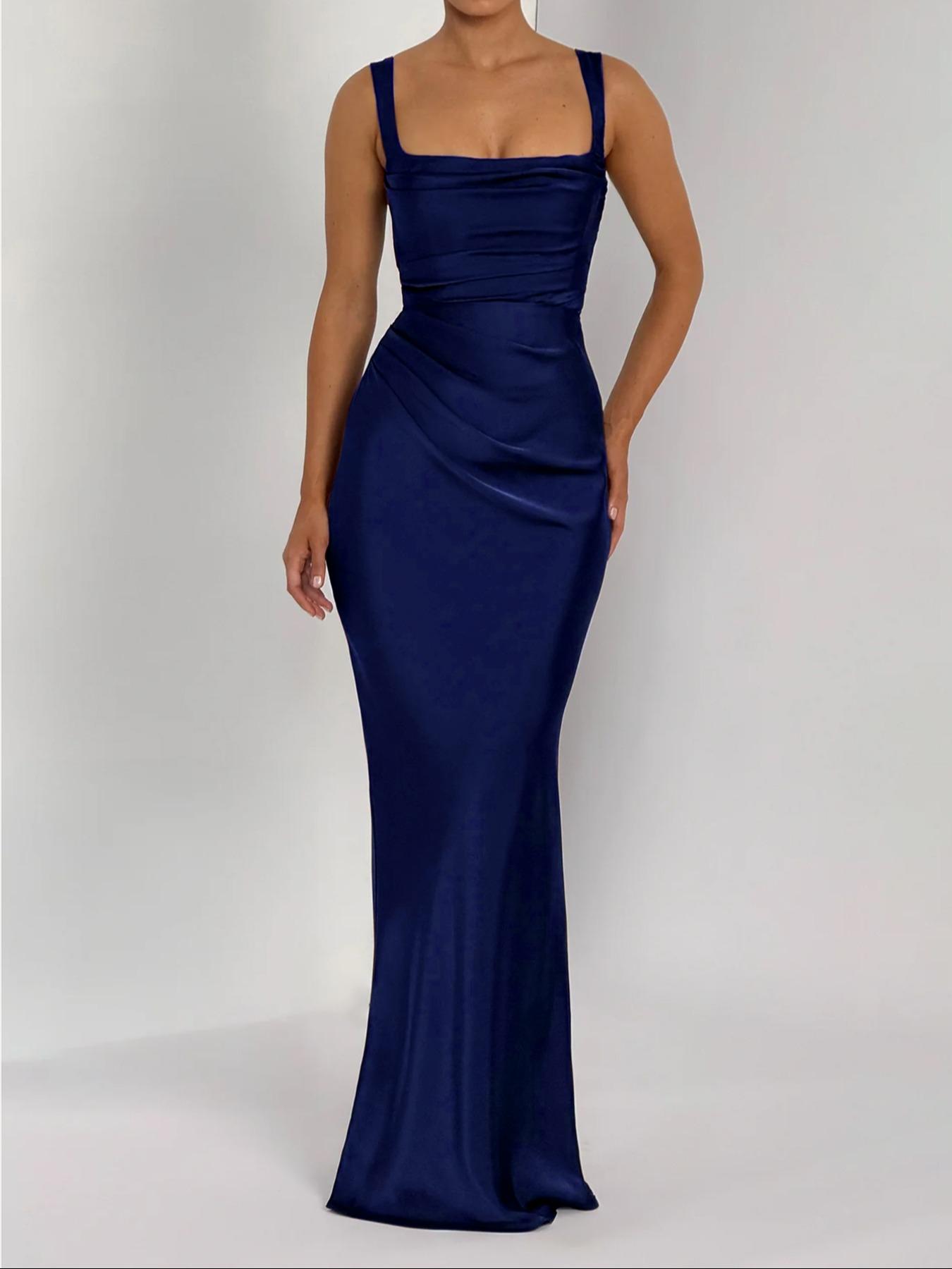 Pure Color Satin Adjustable Square Neck Sleeveless Dress, Elegant Evening Gown with Waist Cinching and Back Tie, Slim-Fitting Long Dress