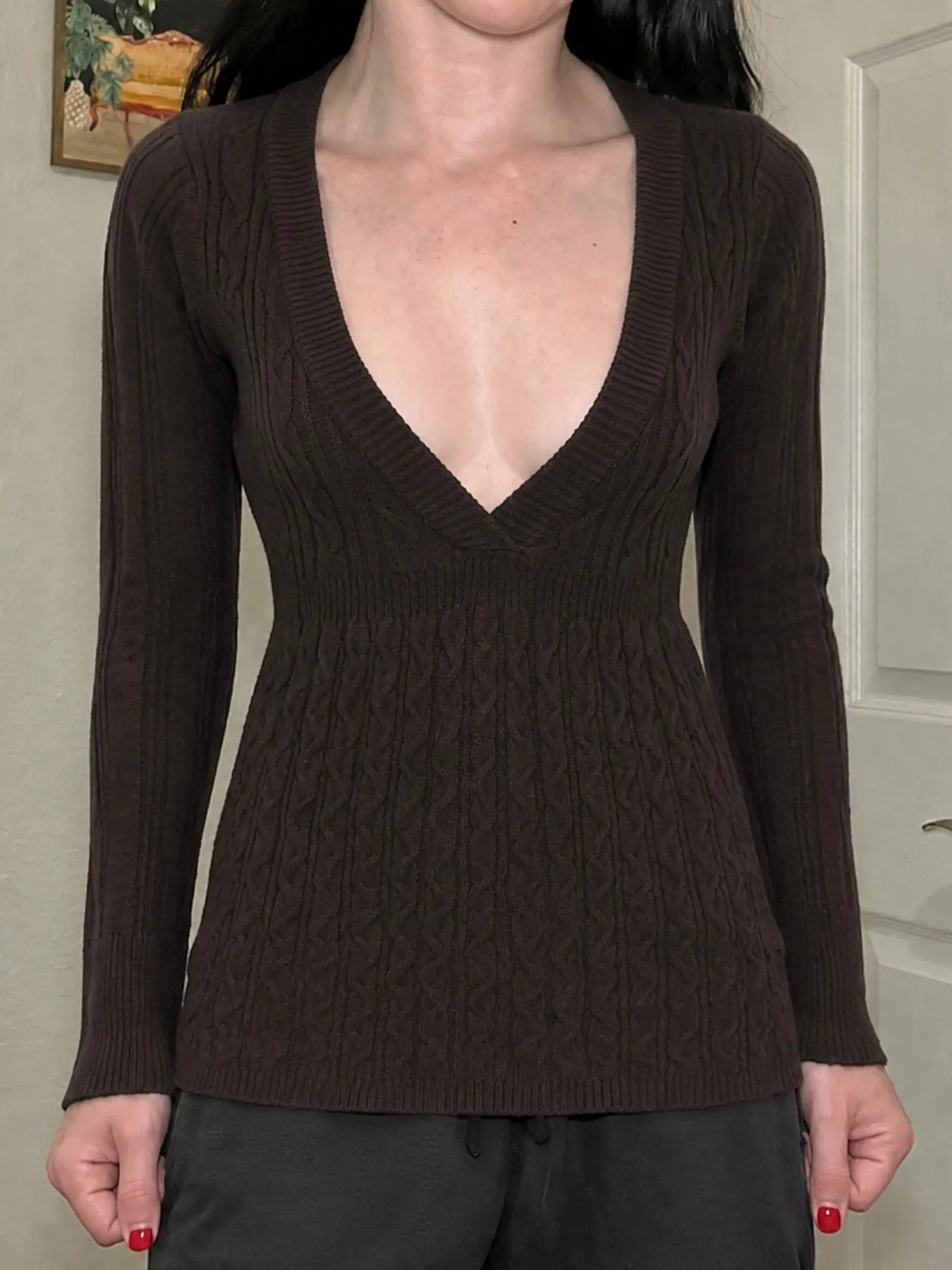 Pure Color V-Neck Fitted Knit Plain Sweater Pullover Knitwear Knitting, Y2K Fall Winter A-Line Long Sleeve, Cute Retro Girl Style, Slim-Fitting Casual Sweater