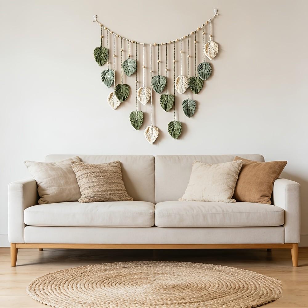 Bohemian Style Woven, Fashion Leaf Shape Hanging Tapestry, Handmade Fringe Beaded Ornament, Boho Wall Decor, Ideal for Living Room or Bedroom