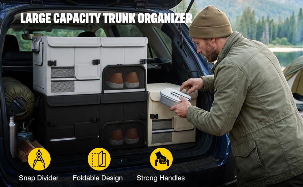 Foldable Car Trunk Organizer with Multi-Compartment – Expandable 30-60L Storage Bin, Side Mesh Pockets, Waterproof 600D Oxford Cloth, Car Accessories for SUV/Truck/Sedan, Beige, 23.6"x13.0"x11.8"