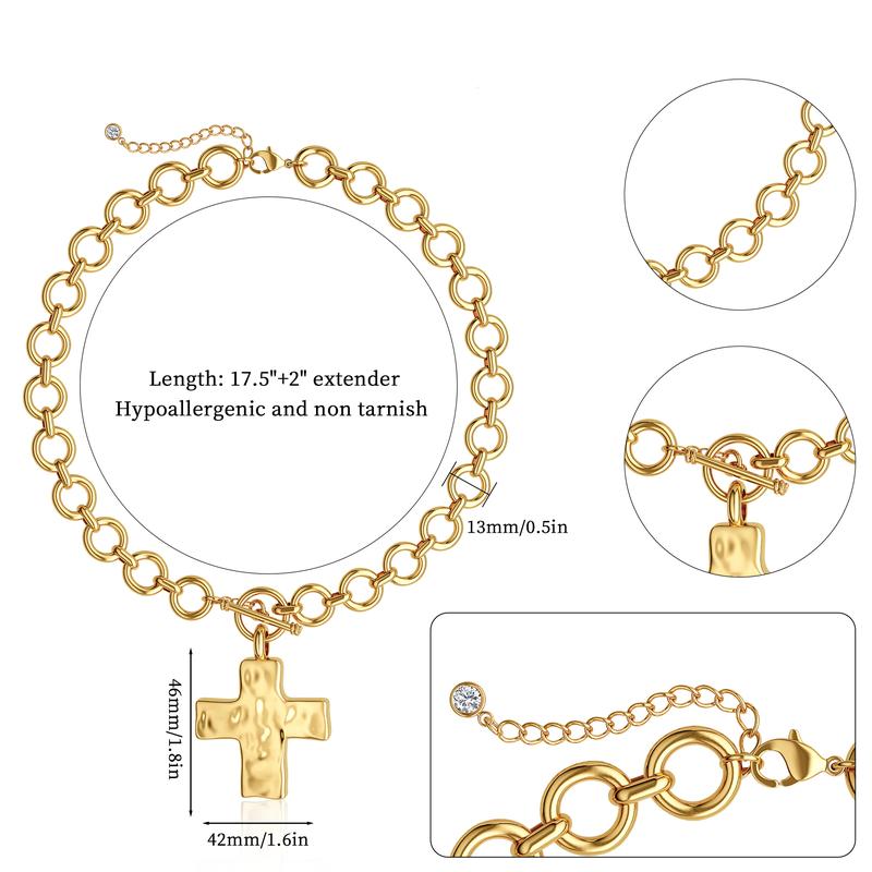 Tewiky Gold Chunky Necklace For Women Statement Cross Pendant Necklace Layered Hammered Bold Cross Necklace Vintage Toggle Clasp Necklace Jewelry For Valentine's Day gifts