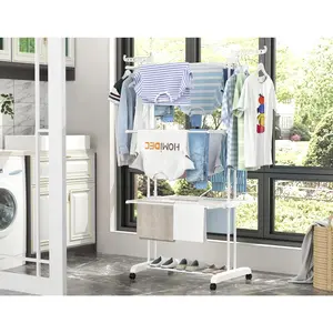 Clothes Drying Rack, 4-Tier Foldable Drying Rack Clothing with 4 Castors, 24 Poles & 14 Hooks, Movable Stand for Bed Linen, Indoor Outdoor Use, 67.7" High