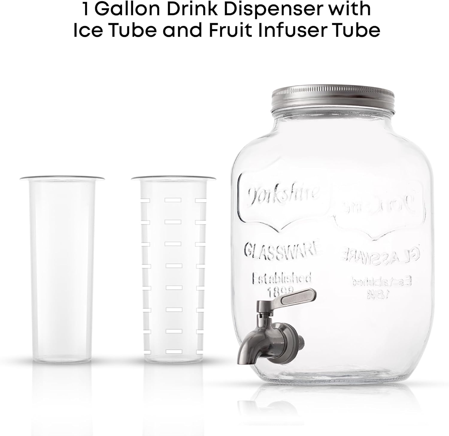 1-Gallon Drink Dispenser. Glass Beverage Dispenser with Stainless steel Spigot plus Ice Cylinder and Fruit Infuser! Water Dispenser, Lemonade Stand, Juice Container - Drink Dispensers for Parties, Gallon Glass Pitcher With Lid, Glass Jug
