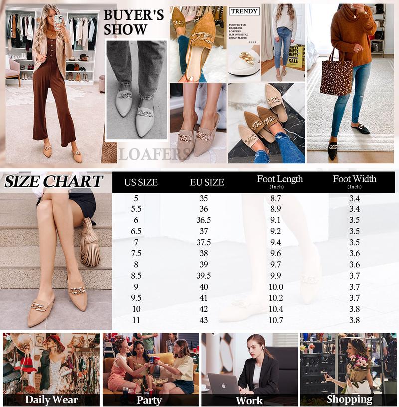 Coutgo Holy Womens Mules Flats Pointed Toe Backless Loafers Slip on Metal Chain Slides