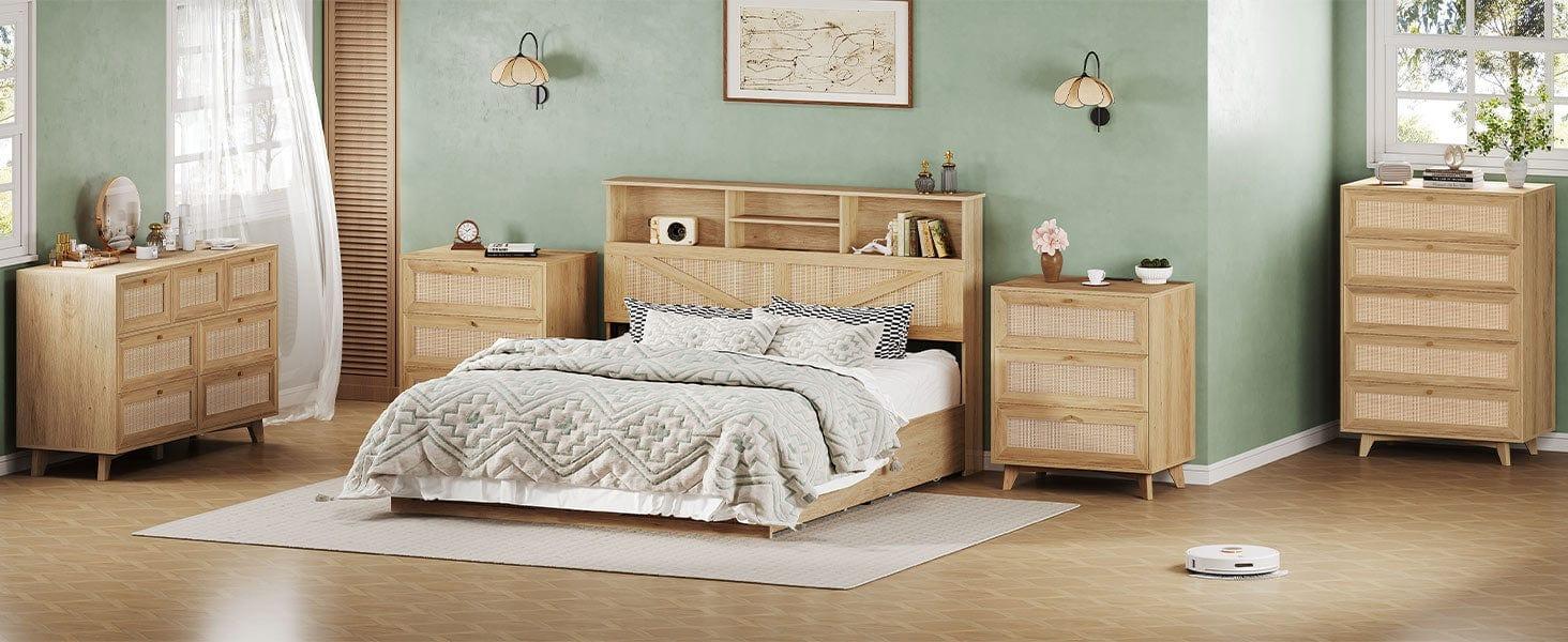 Sikaic Rattan Nightstand with Charging Station Boho Bedside Table with 3 Large Wicker Decorated Drawers Wooden Furniture Sikaic Rattan Nightstand with Charging Station Boho Bedside Table with 3 Large Wicker Decorated Drawers Wooden Furniture