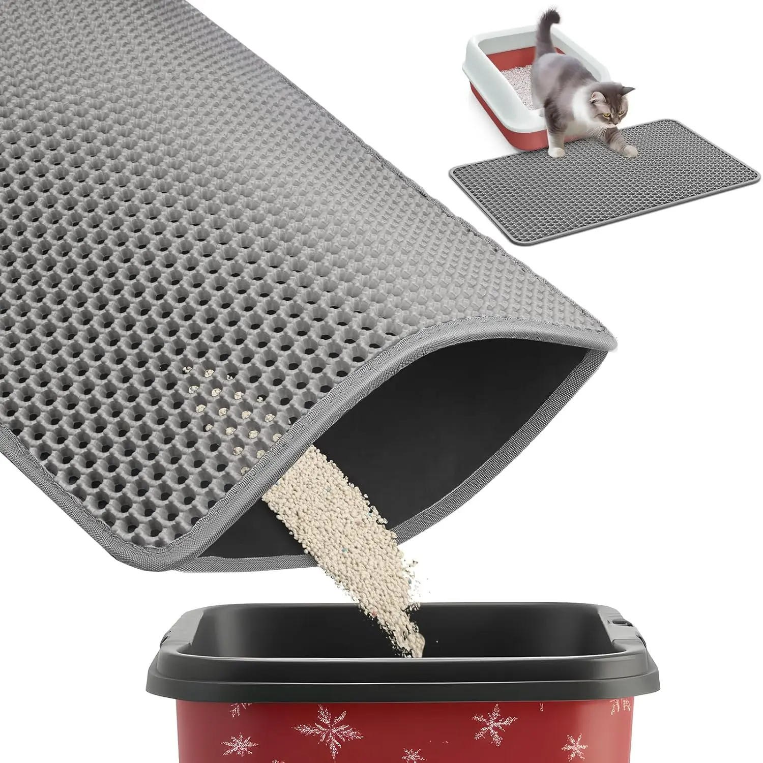27" x 19" Cat Litter Mat - Ultra-Large Litter Box Mat with Double Layers, Urine-Proof and Non-Slip Litter Trapping Mat, Easy to Clean Kitty Litter Mats for Floor, Scatter Control, Grey