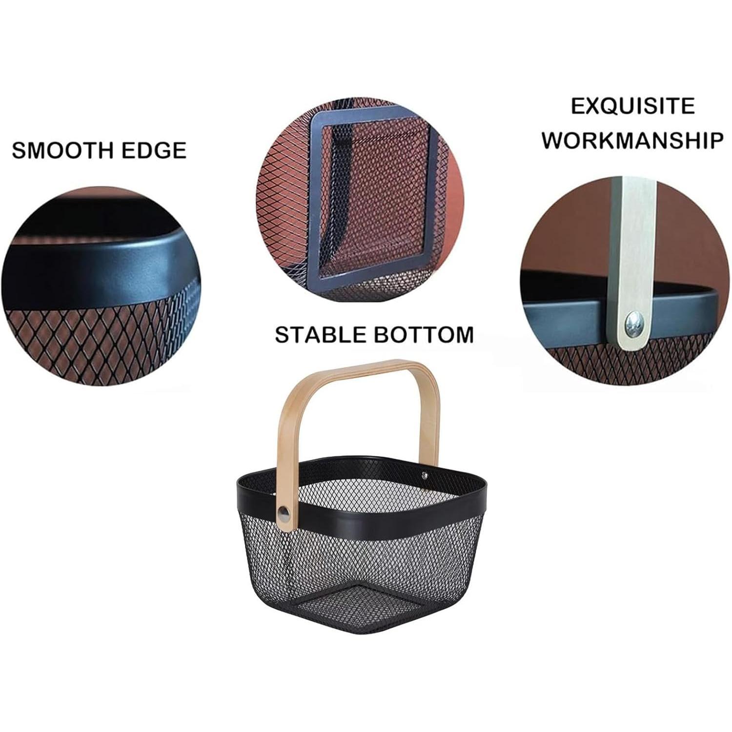 Metal Mesh Wire Basket, Mini Steel Basket with Wooden Handle Storage Organizer Basket Multi-functional  Kitchen Baskets Fruit Baskets for Kitchen Bathroom Cabinet Pantry Snacks, Black