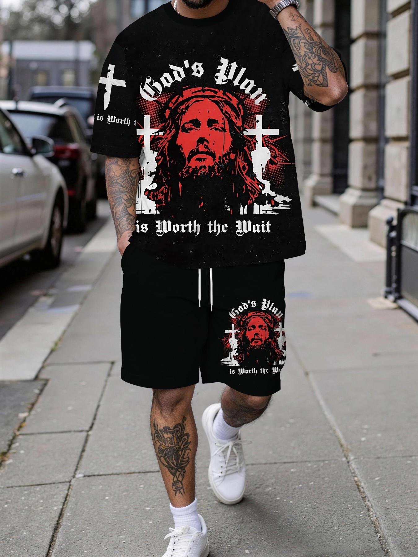 Men's 3D Digital Print Two-Piece Set, Religious Style Jesus Cross Red and Black Print Trendy Men's Set, Vacation Style Trendy Outfit, Breathable Sports Leisure Style, Perfect Holiday Gift for Men