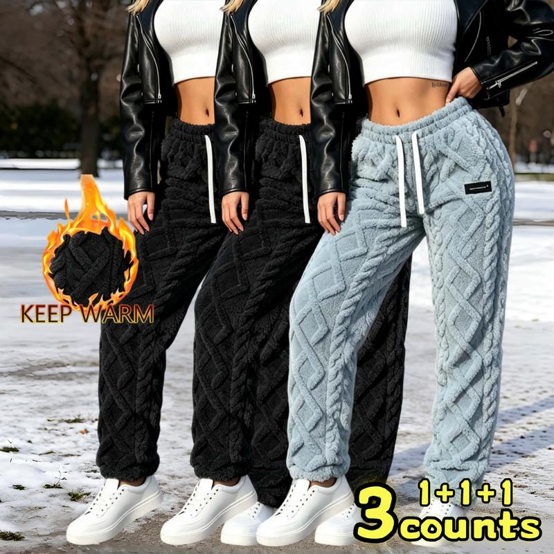 3PC Women's Winter Fleece Warm Casual Pants, Textured Fluffy Sports Pants, Elastic Waist with Drawstring, Regular Fit Comfortable Pants, Fashionable Cold Weather Bottoms for Daily Wear, Outdoor Travel, Jogging, and Daily Street Style