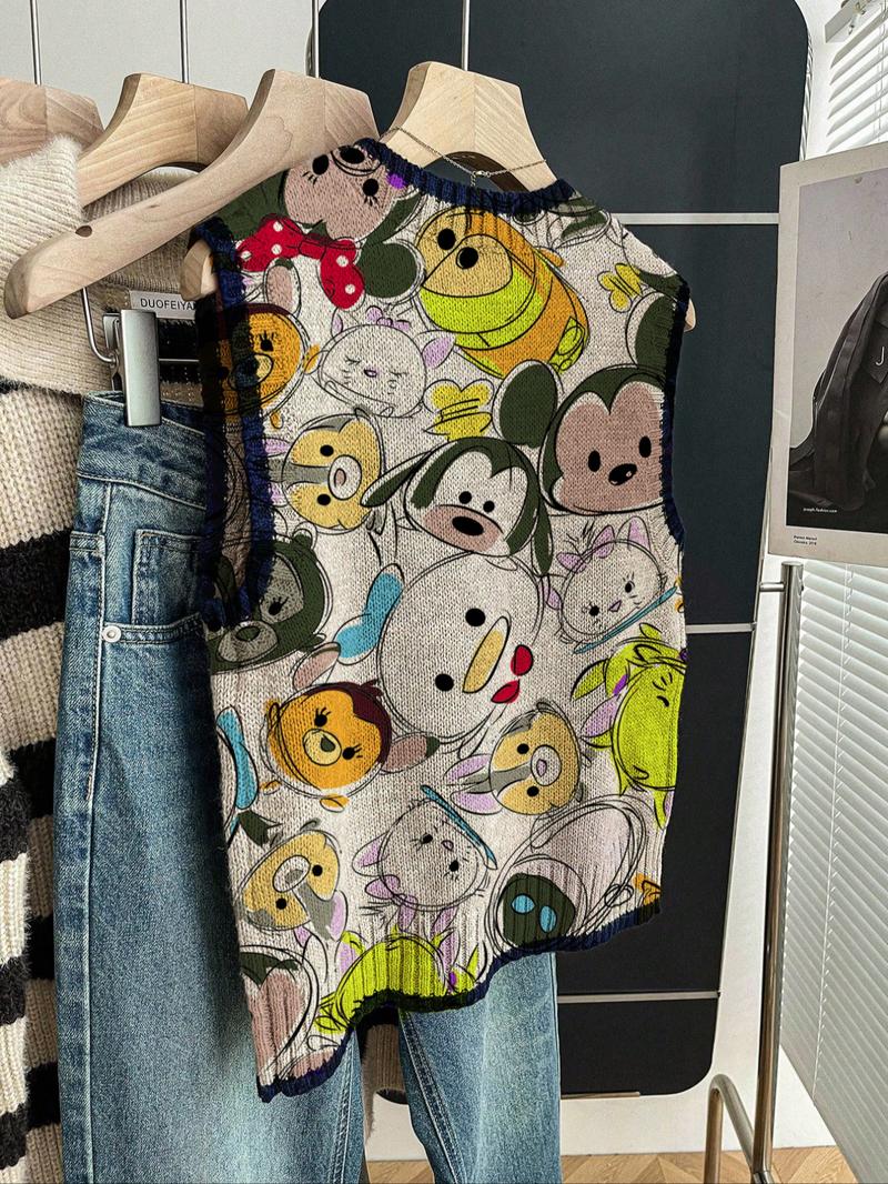 Women's Casual Fitted Knit Top, Spring Summer Round Neck Sleeveless Knitwear Sweater, Deep Blue Color Block Cartoon Print, Fall Winter Outerwear